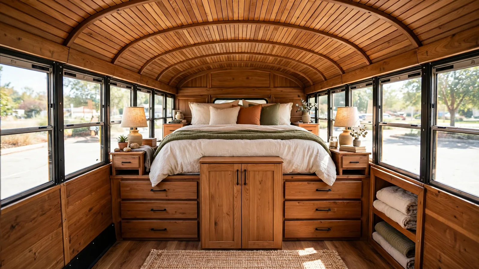 Queen bed master suite in the rear of a skoolie bus conversion