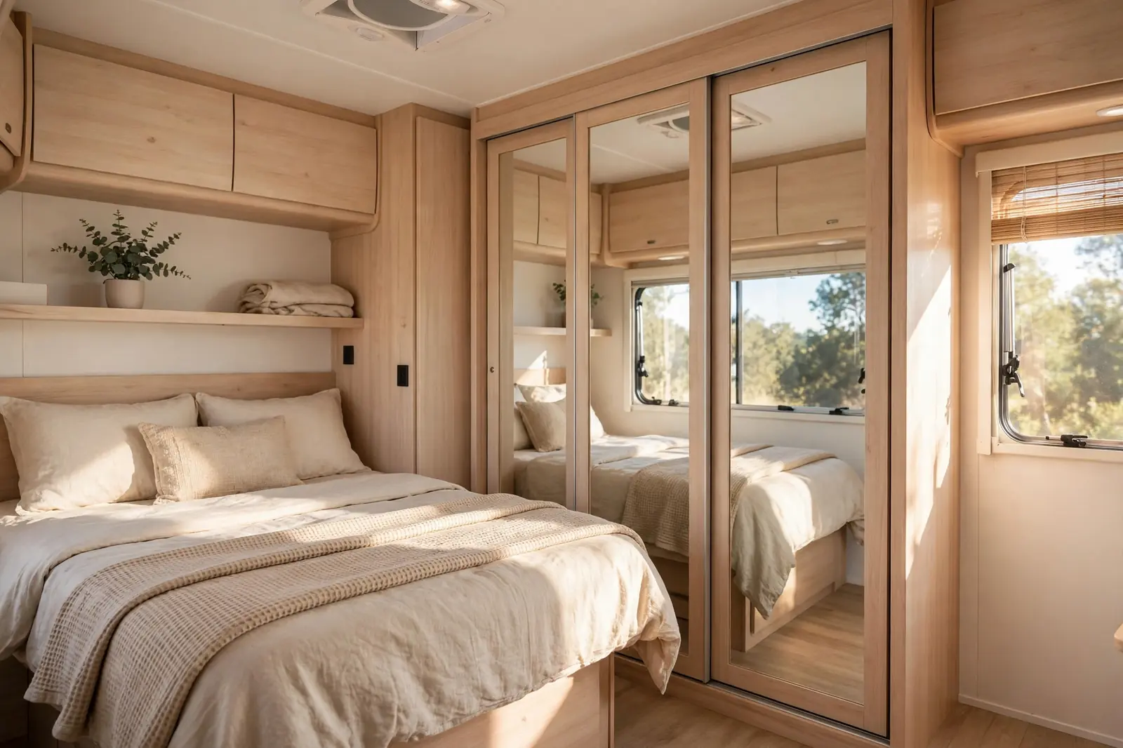 Photorealistic RV bedroom with a full wardrobe wall beside the queen bed, mirrored sliding doors reflecting daylight