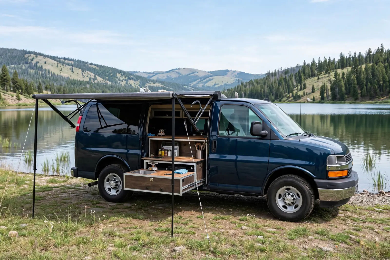 Dark blue Chevy Express with a side awning and slide-out outdoor kitchen pod by a lake