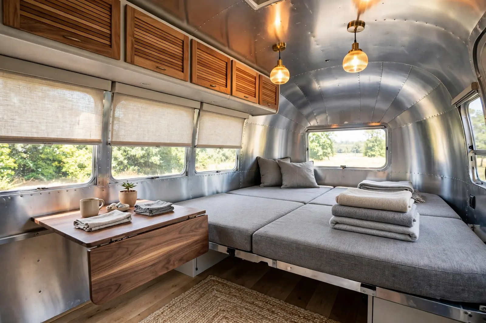 Renovated vintage Airstream gaucho sofa bed shown open with tailored gray upholstery and walnut drop-leaf table