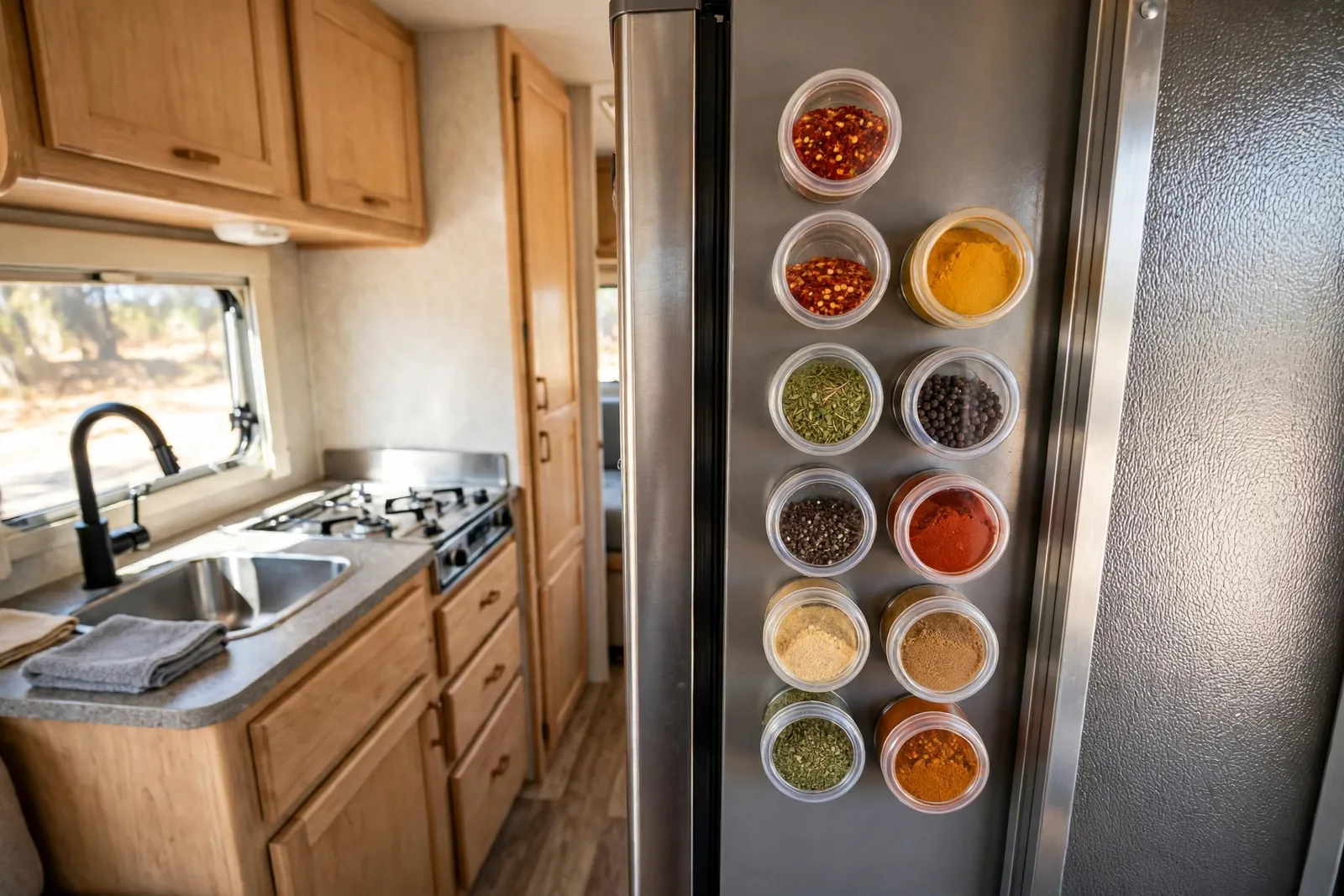 RV galley kitchen with small magnetic spice jars stuck to the side of the refrigerator