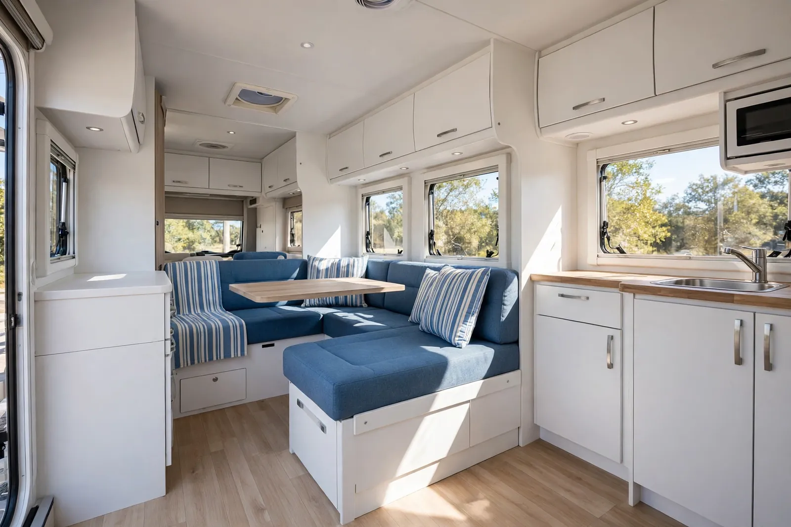 Coastal white and sea blue motorhome interior
