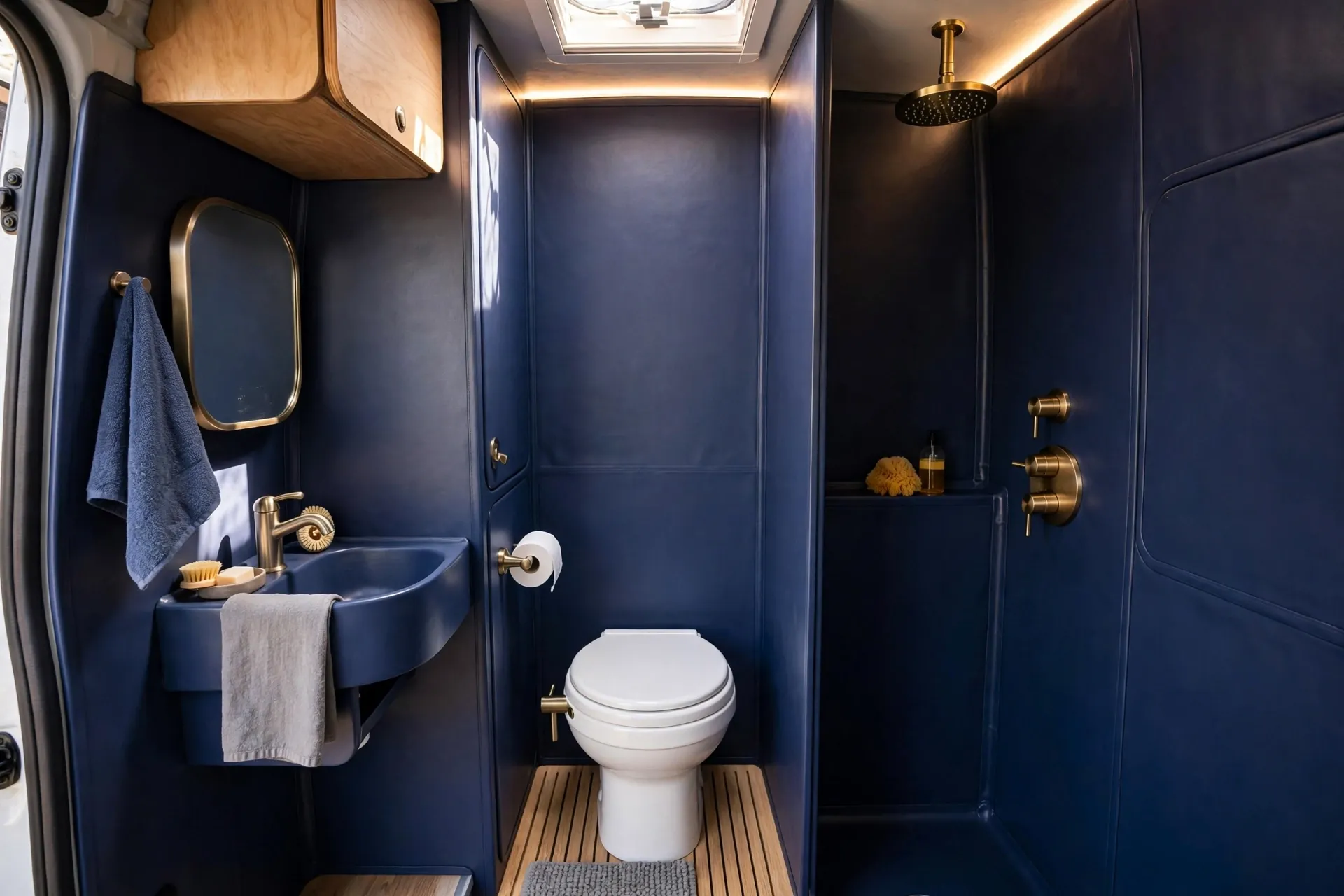 Boutique camper van wet bath in deep navy panels with brass shower fittings, toilet and sink