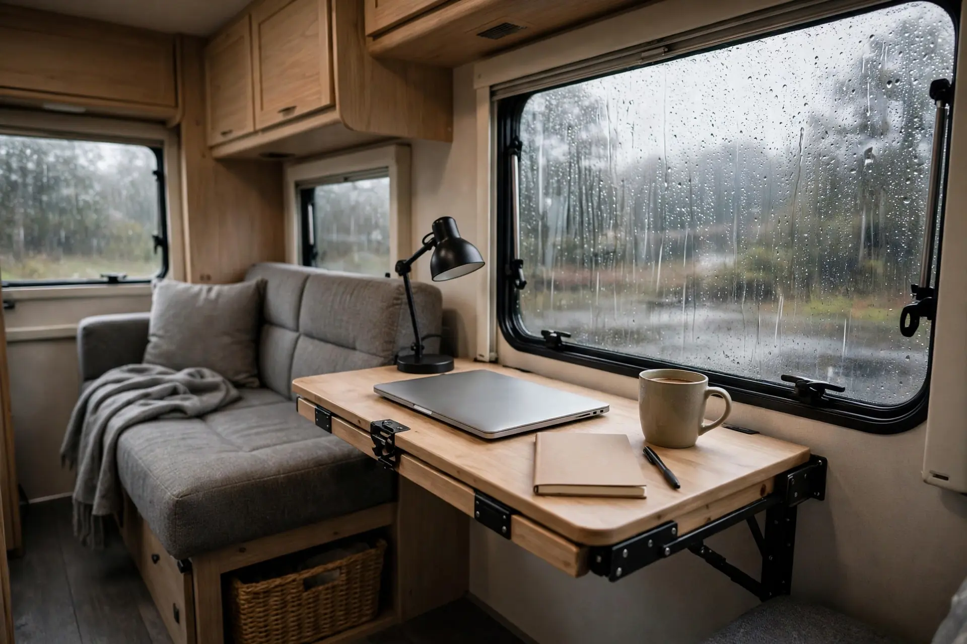 RV living room with a compact sofa beside a fold-down wall desk for rainy day remote work