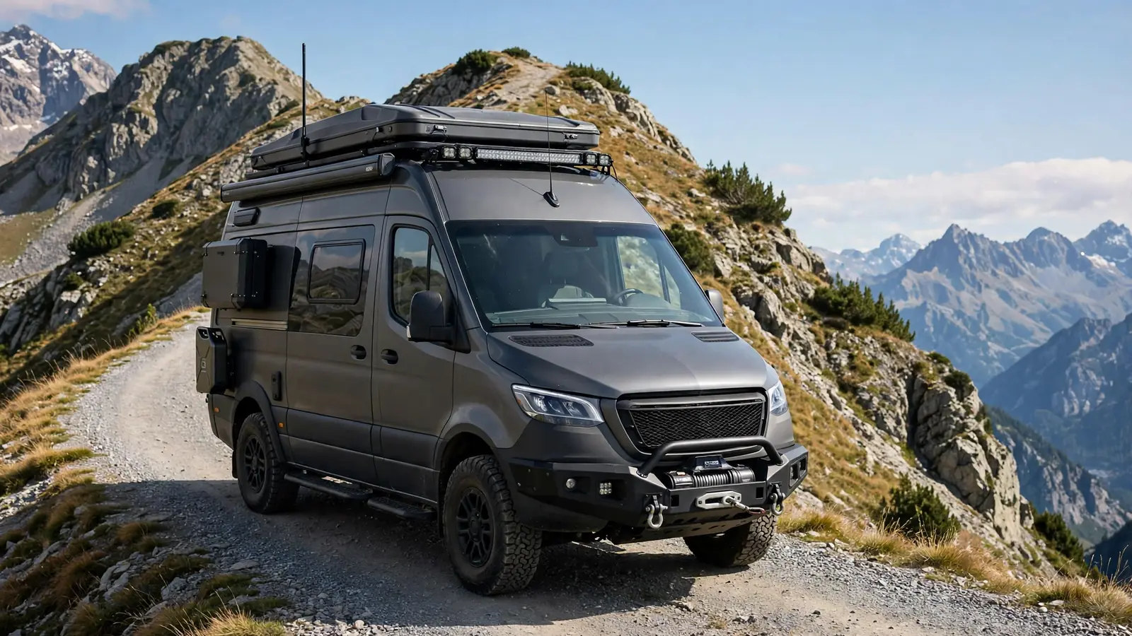 Dark grey overland camper van with light bar and winch bumper on a mountain ridge road