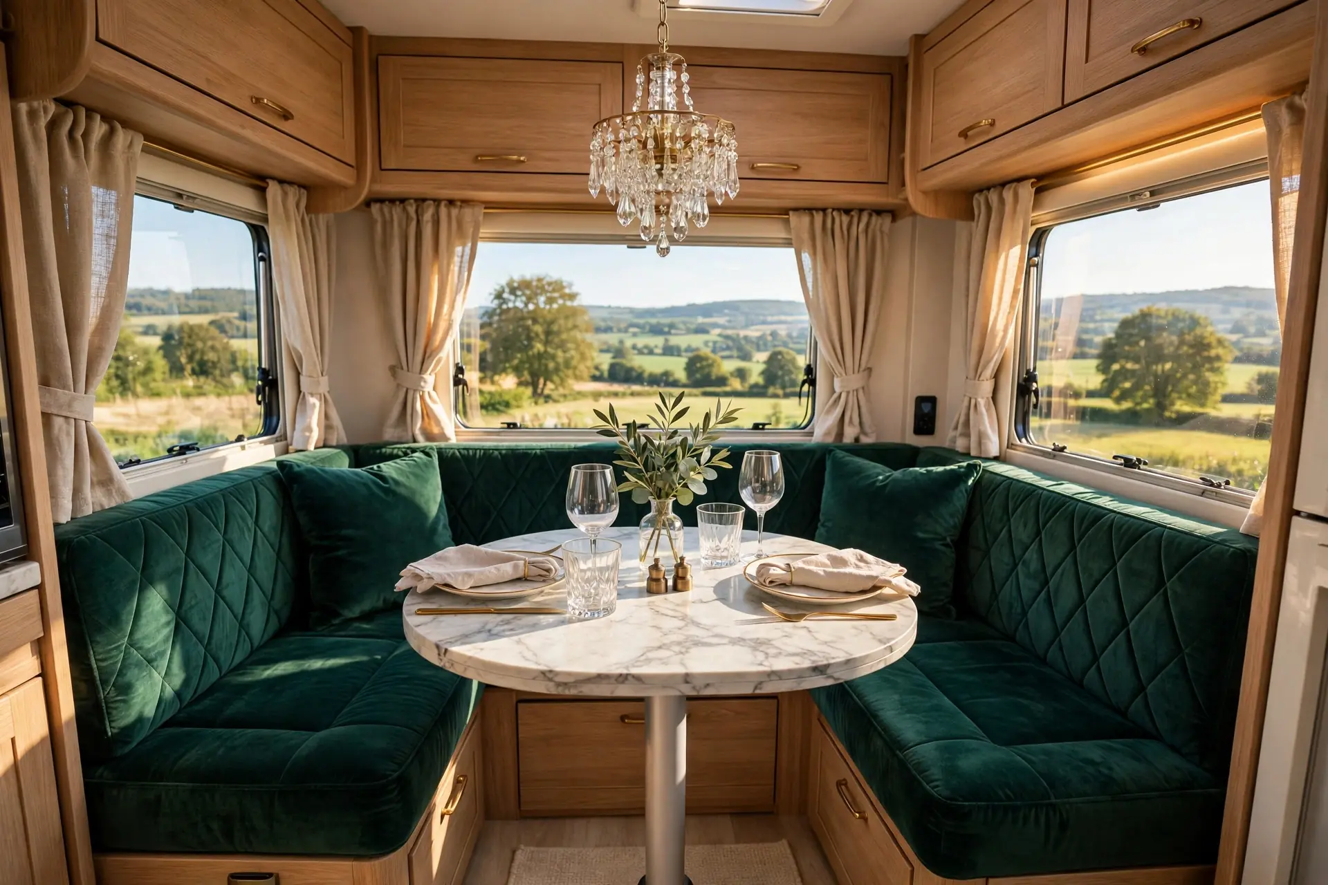 Luxury motorhome velvet dining salon with emerald banquette and marble table