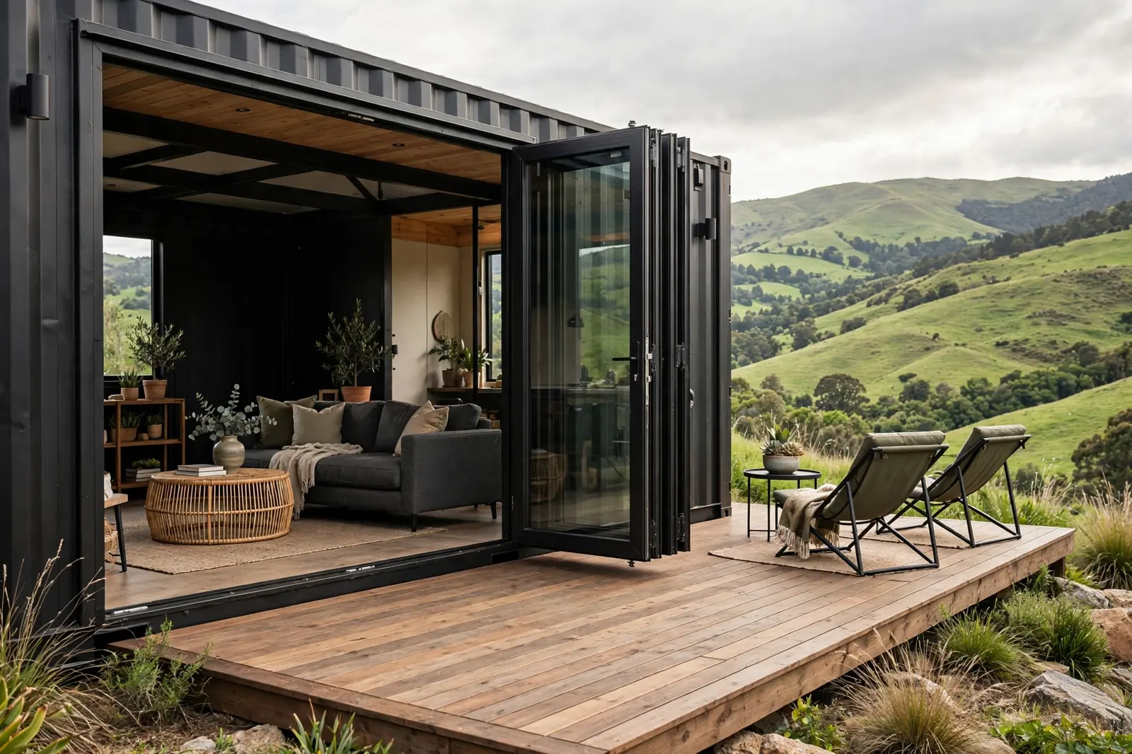 Black-framed bifold glass doors folded fully open from a container home onto a wooden deck with chairs