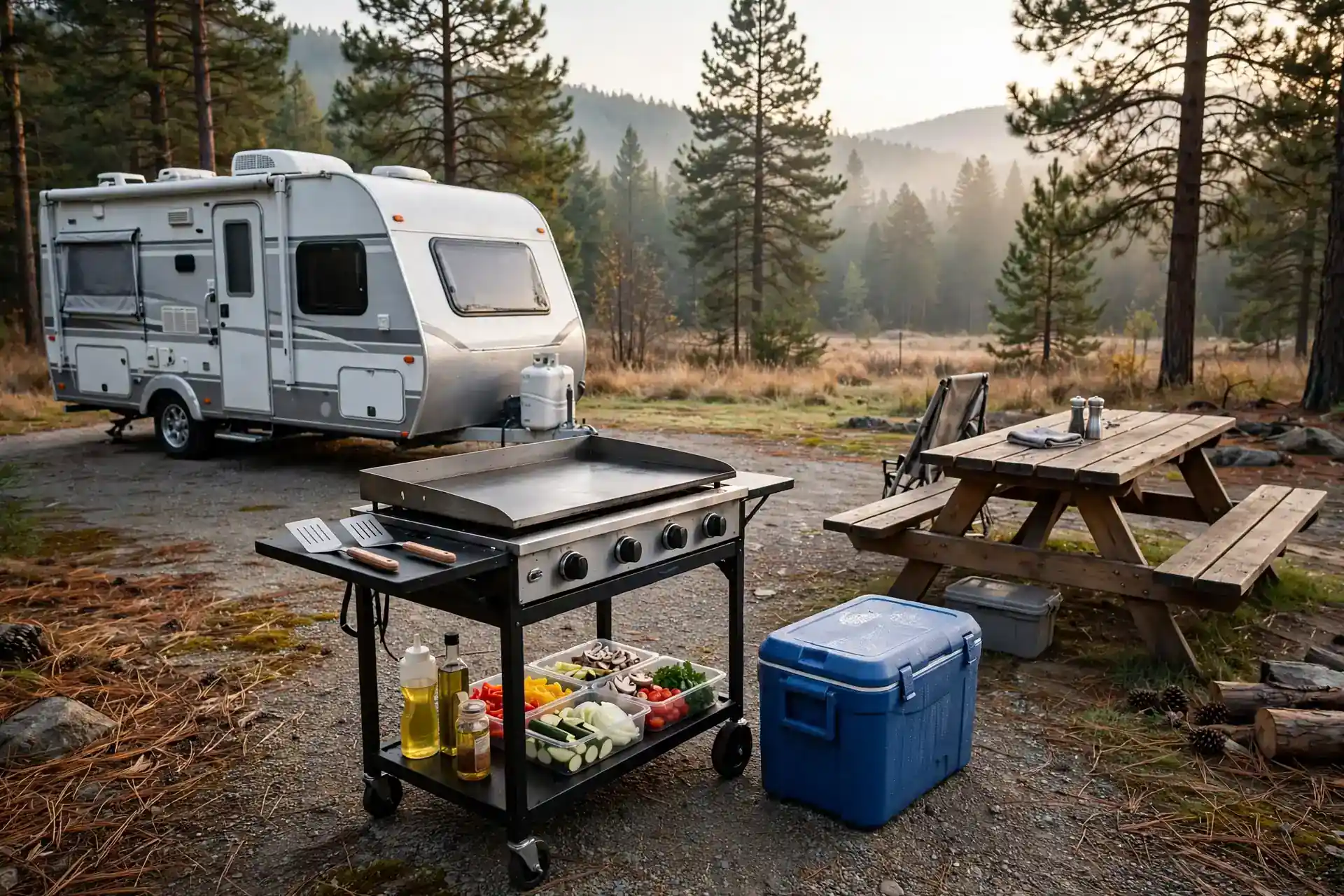 Flat-top griddle station on a cart beside a travel trailer at a campground