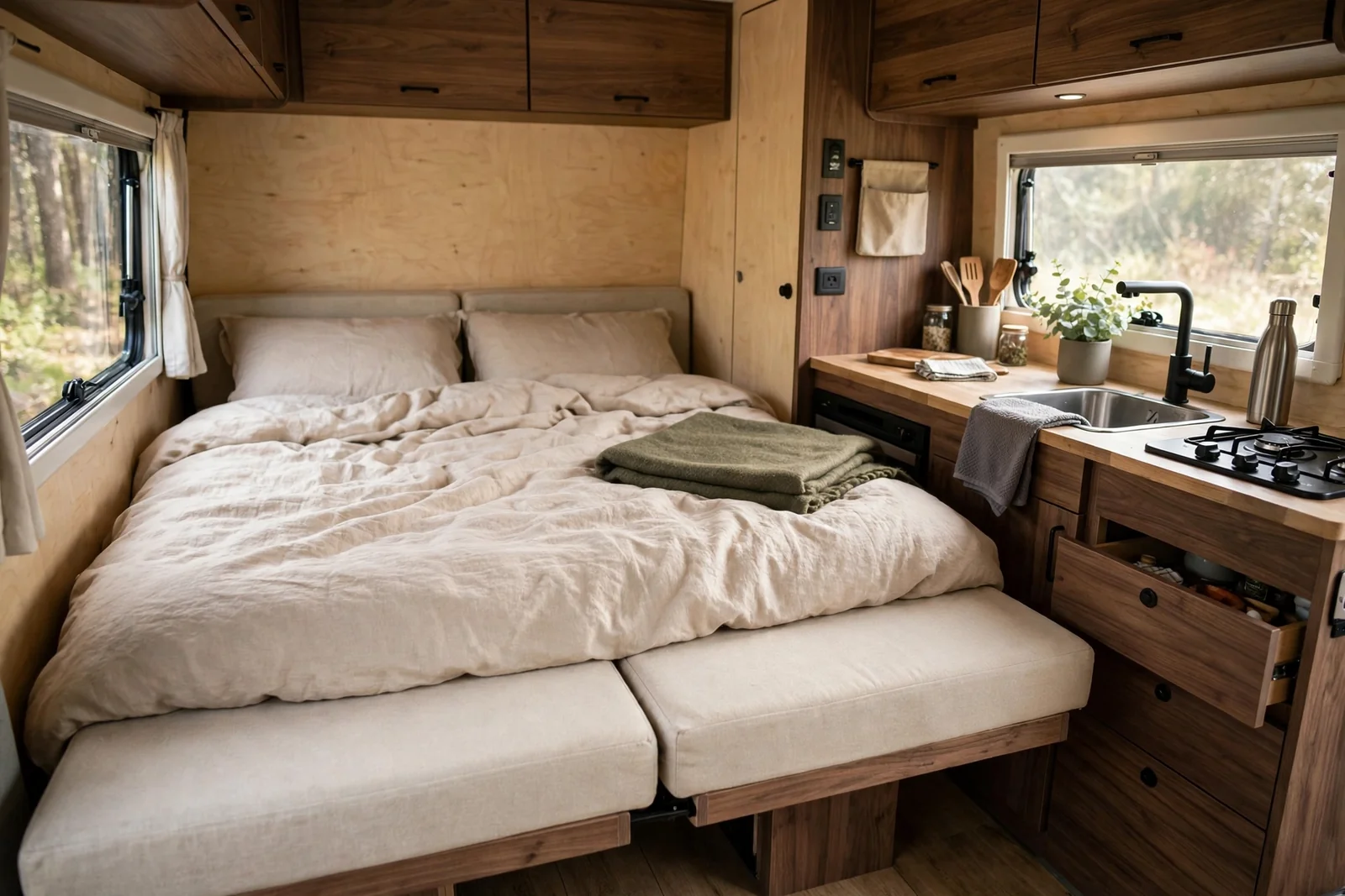 Photorealistic camper van interior showing a dinette converted into a flat double bed in bed mode, with joined cushions, linen bedding and a folded green throw, and a wood kitchen counter with sink and stove visible nearby