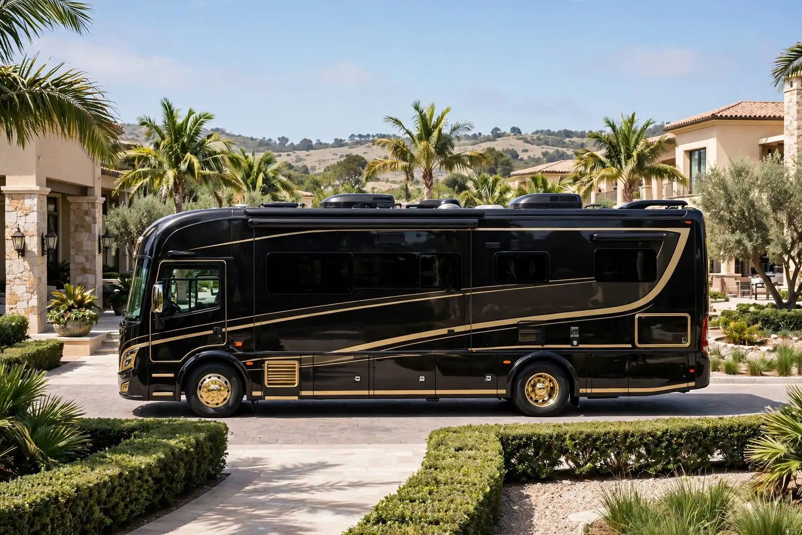 Gloss black and gold luxury motorhome exterior, full side view