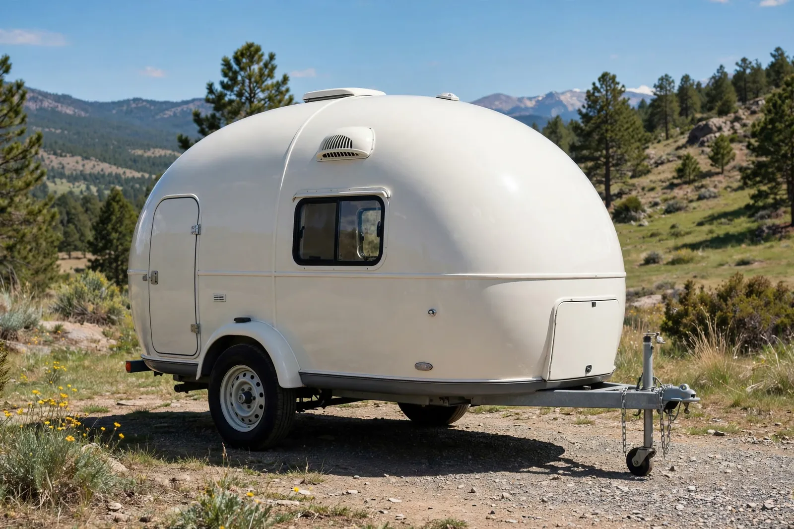 Smooth white molded fiberglass egg-shaped micro camper trailer parked outdoors on a sunny day