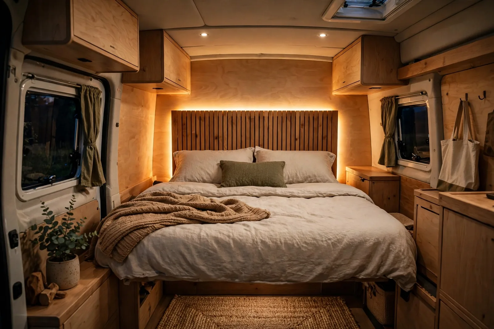 Cozy camper van bedroom with a wooden headboard panel glowing softly from hidden backlighting, casting a warm amber halo on the wall
