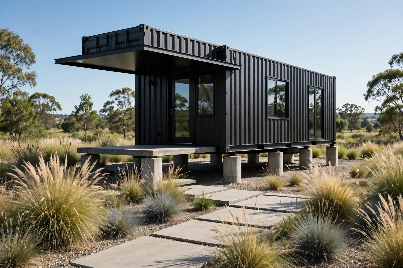 Black container home with a thin cantilevered black steel canopy floating over the front door