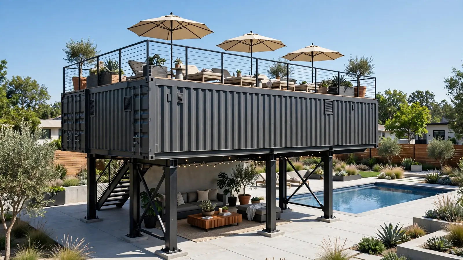 A 40ft container elevated on steel pillars with a rooftop sun deck over a shaded lounge