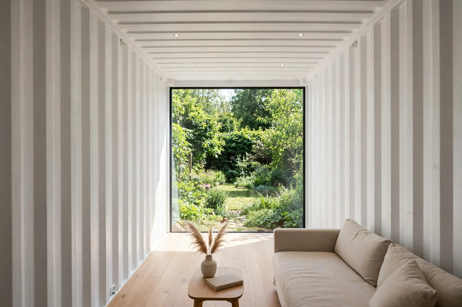 Narrow container living room with a floor-to-ceiling glass end-wall opening onto a lush green garden, beige sofa facing the view