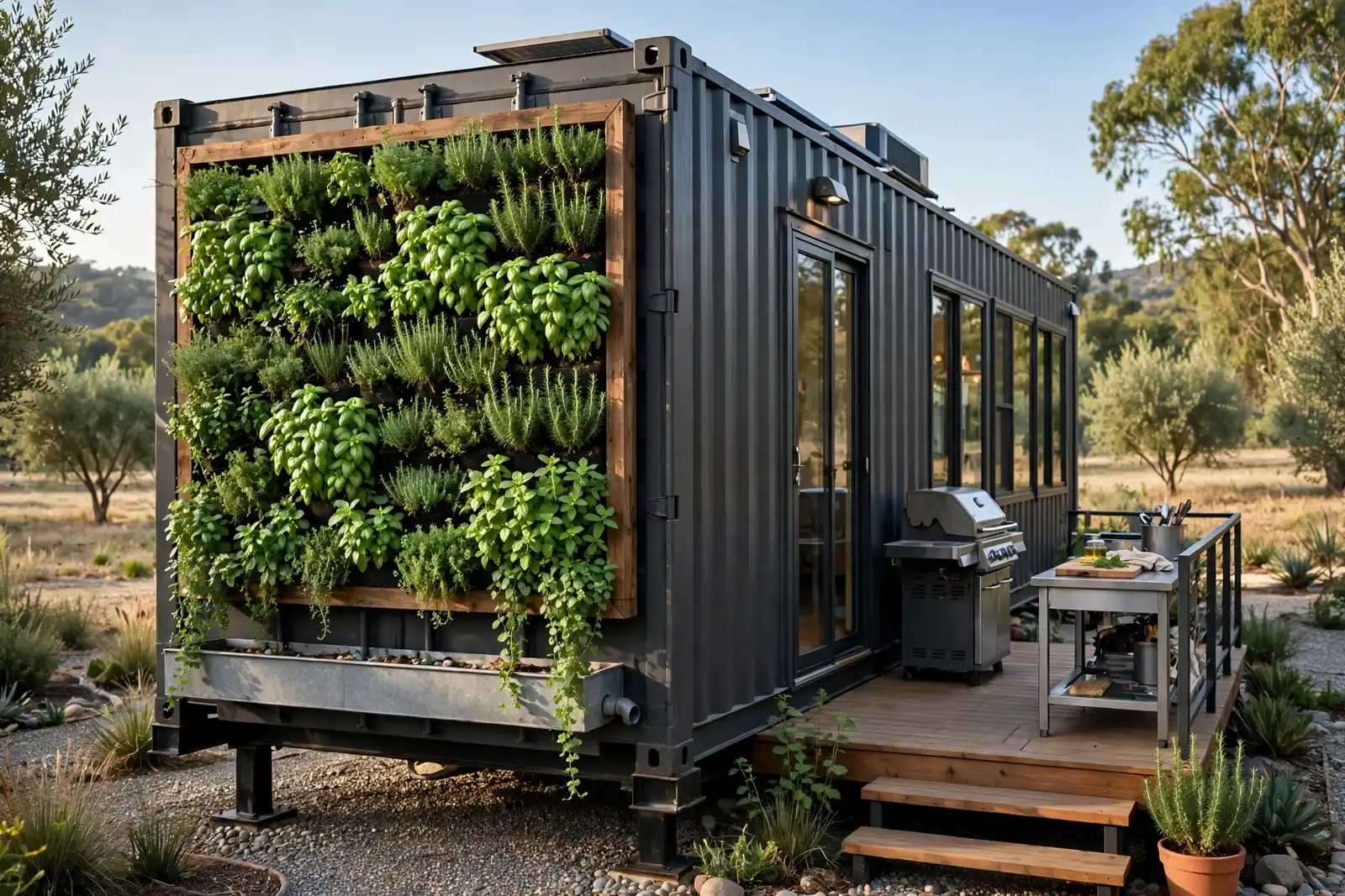 Shipping container home with a wood-framed edible herb living wall of basil, rosemary and thyme beside an outdoor grill deck