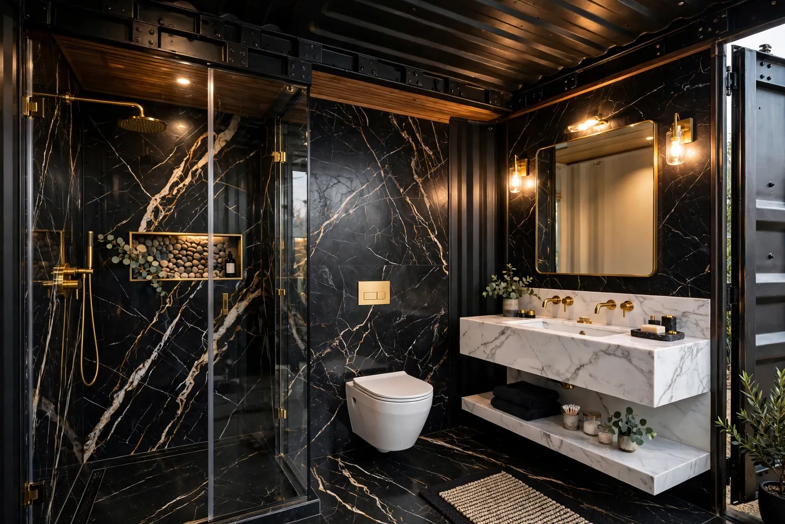 Complete container home bathroom with black marble walls, glass-enclosed shower with gold rainfall head, floating marble vanity and wall-hung toilet