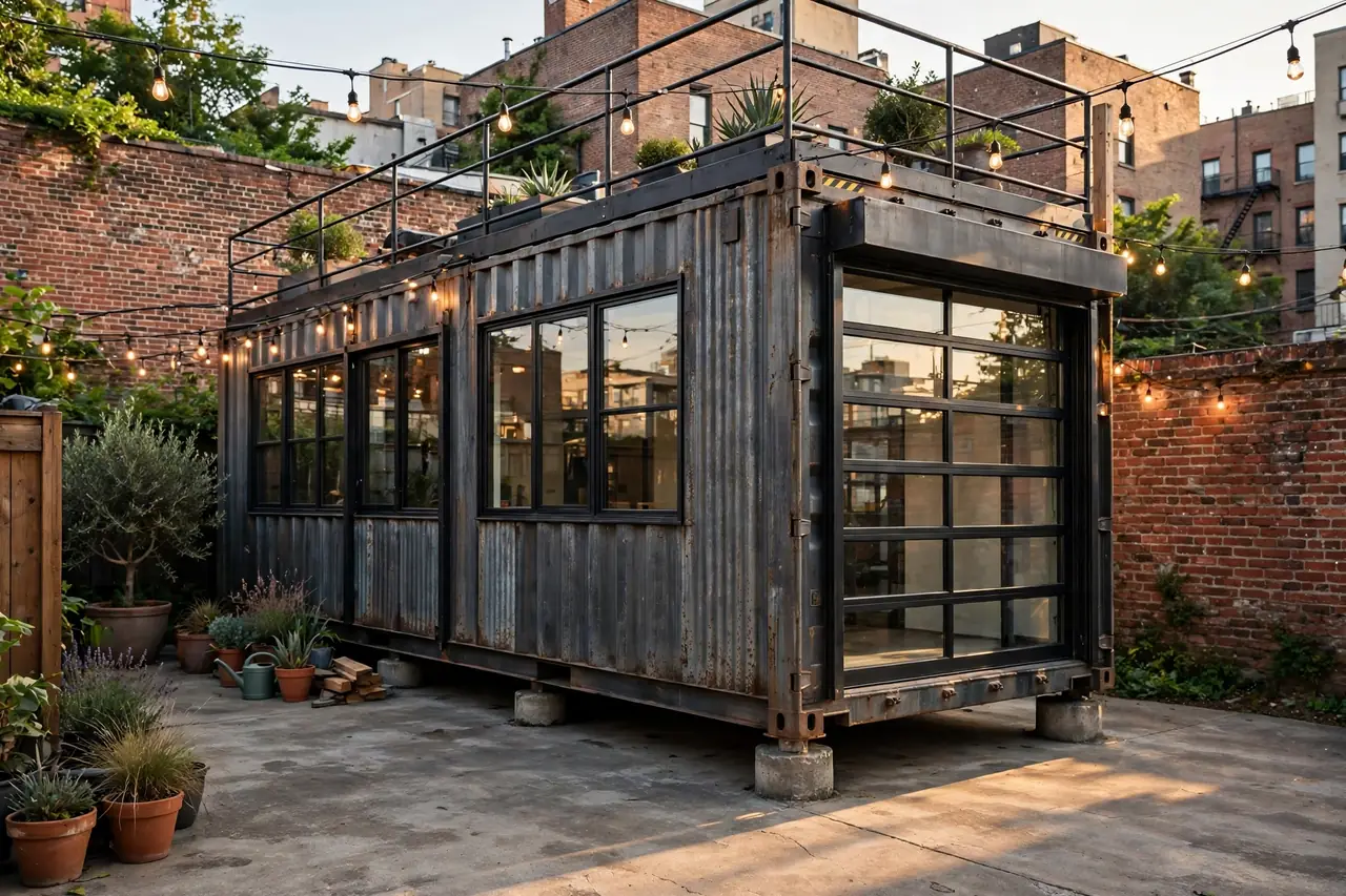 Industrial loft shipping container studio with corrugated steel, glass roll-up door and roof deck