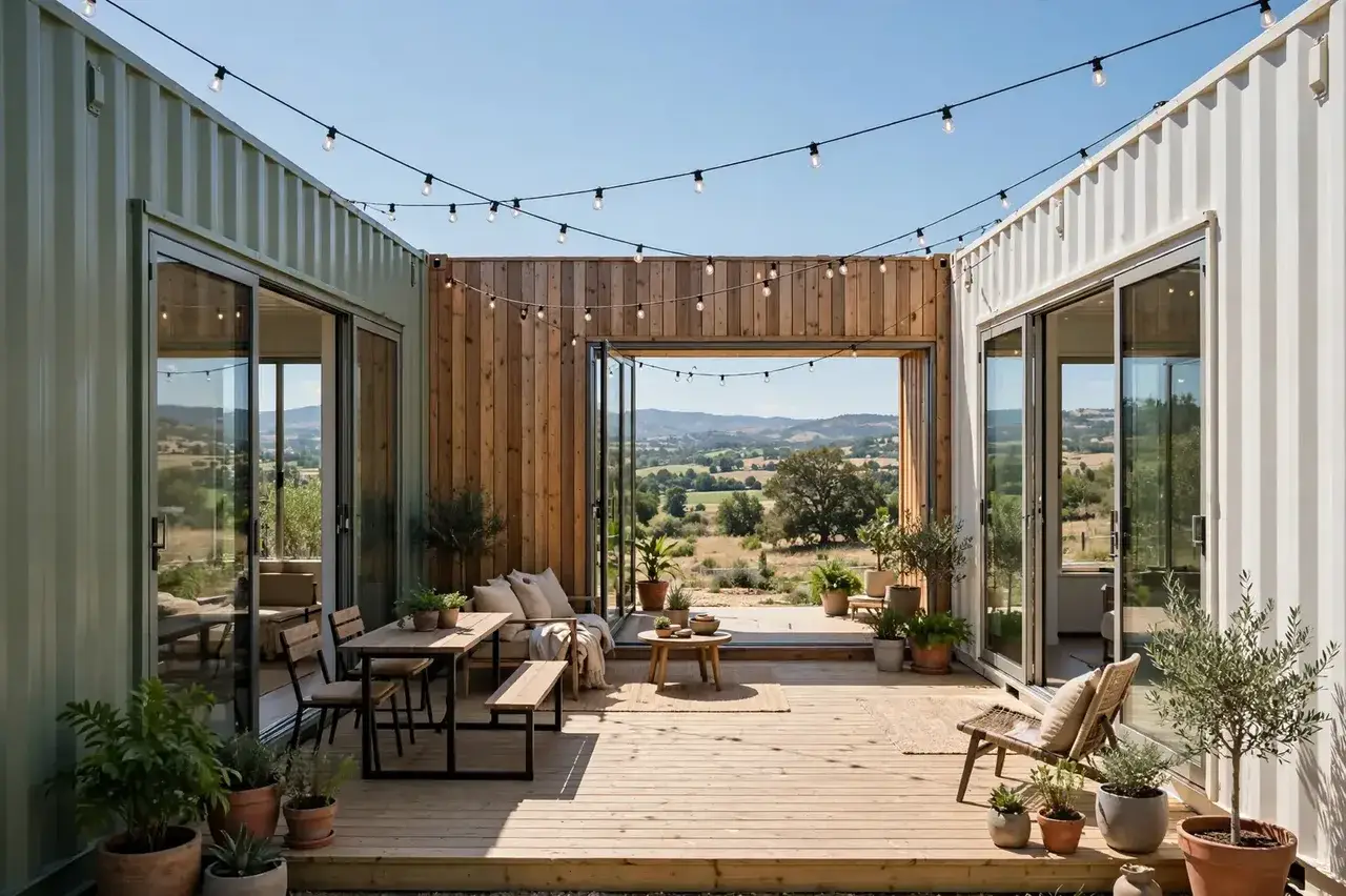 Three containers in sage green, wood, and white arranged in a U around a central wooden deck courtyard with string lights and patio furniture.