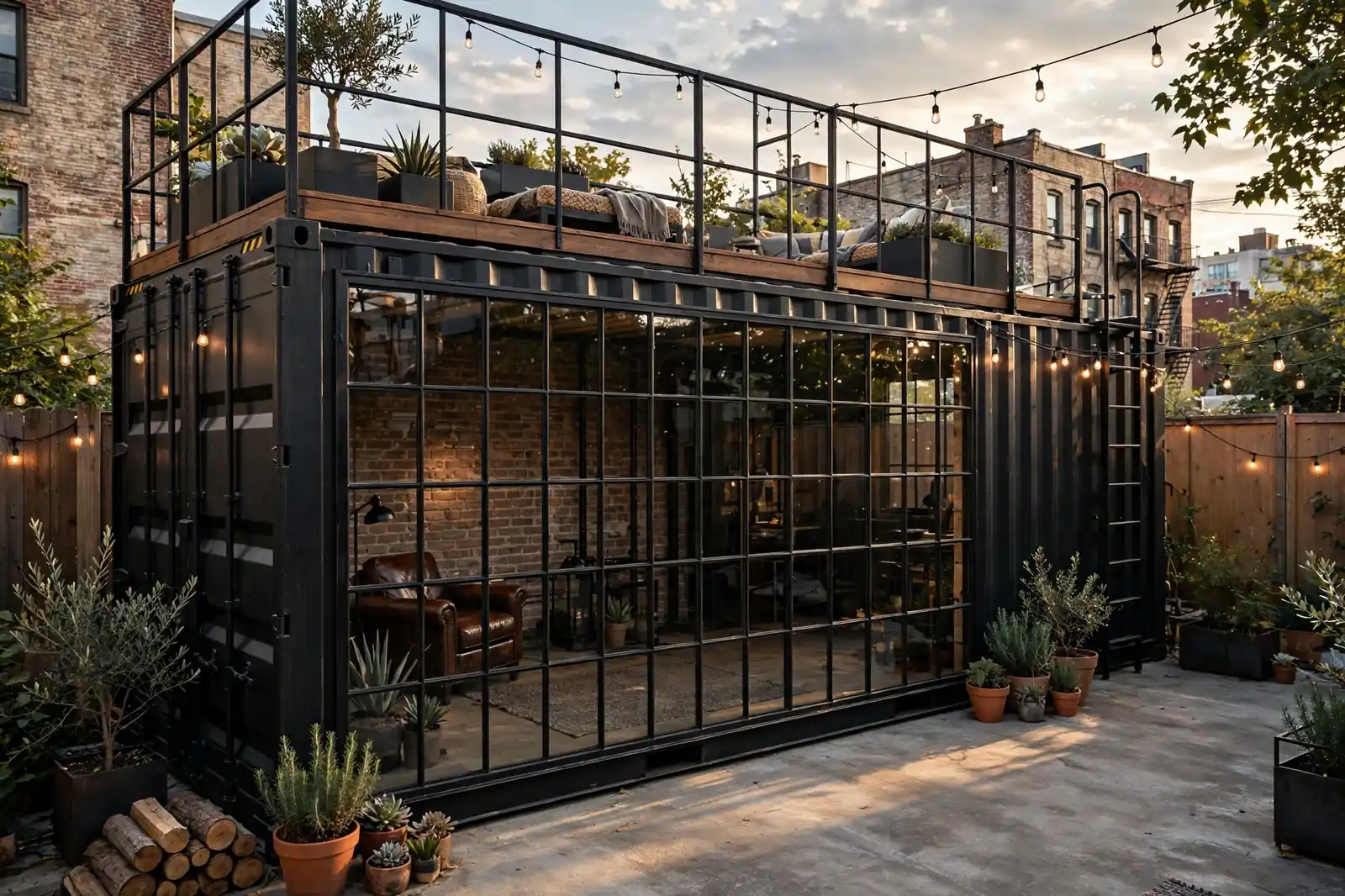 An industrial-style shipping container home in a city backyard with an entire long side of floor-to-ceiling glass set in a bold black steel grid, a rooftop deck with railing above, an exposed-brick interior with a leather chair visible through the glass, string lights and concrete patio in late afternoon light.