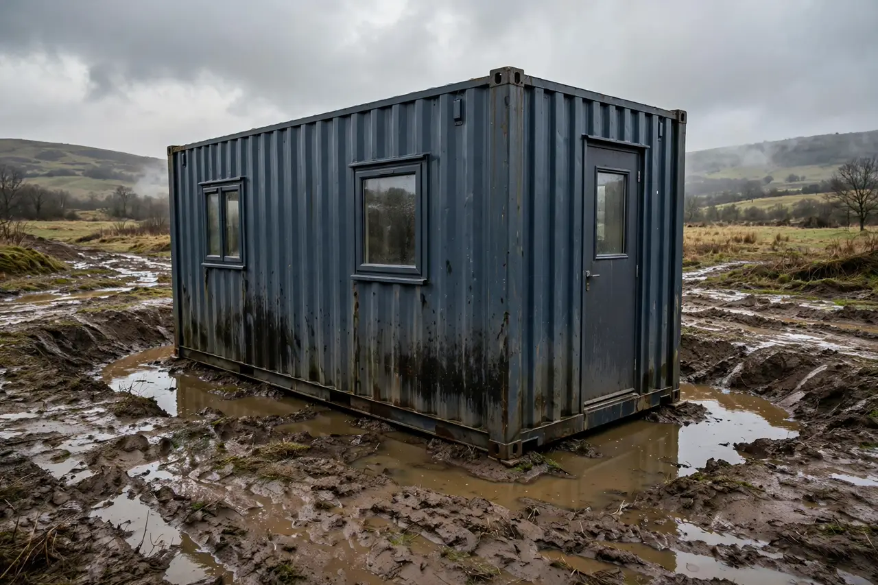 Dark container cabin sitting in a muddy hollow with rainwater ponding around its base, water stains on lower walls