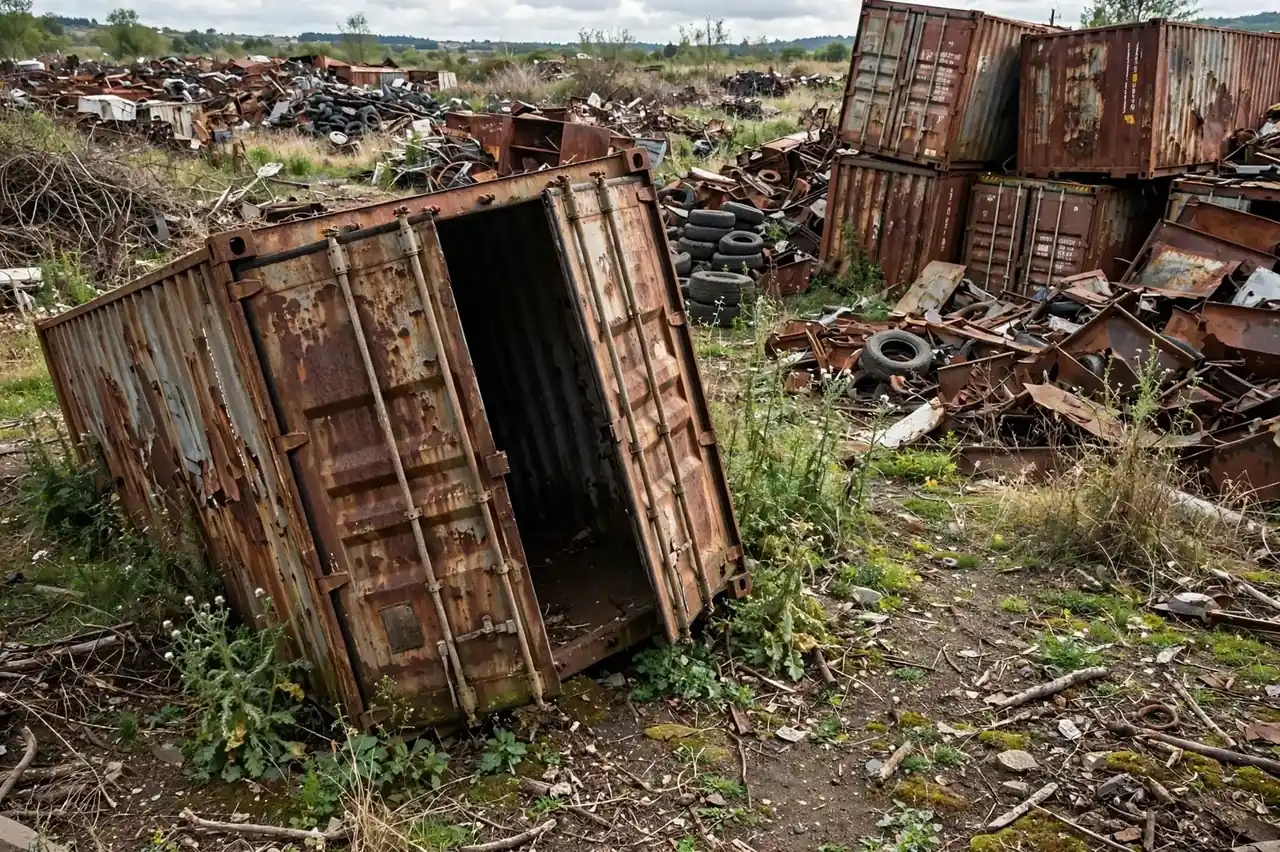 Rusted leaning container with crooked doors abandoned in a junkyard