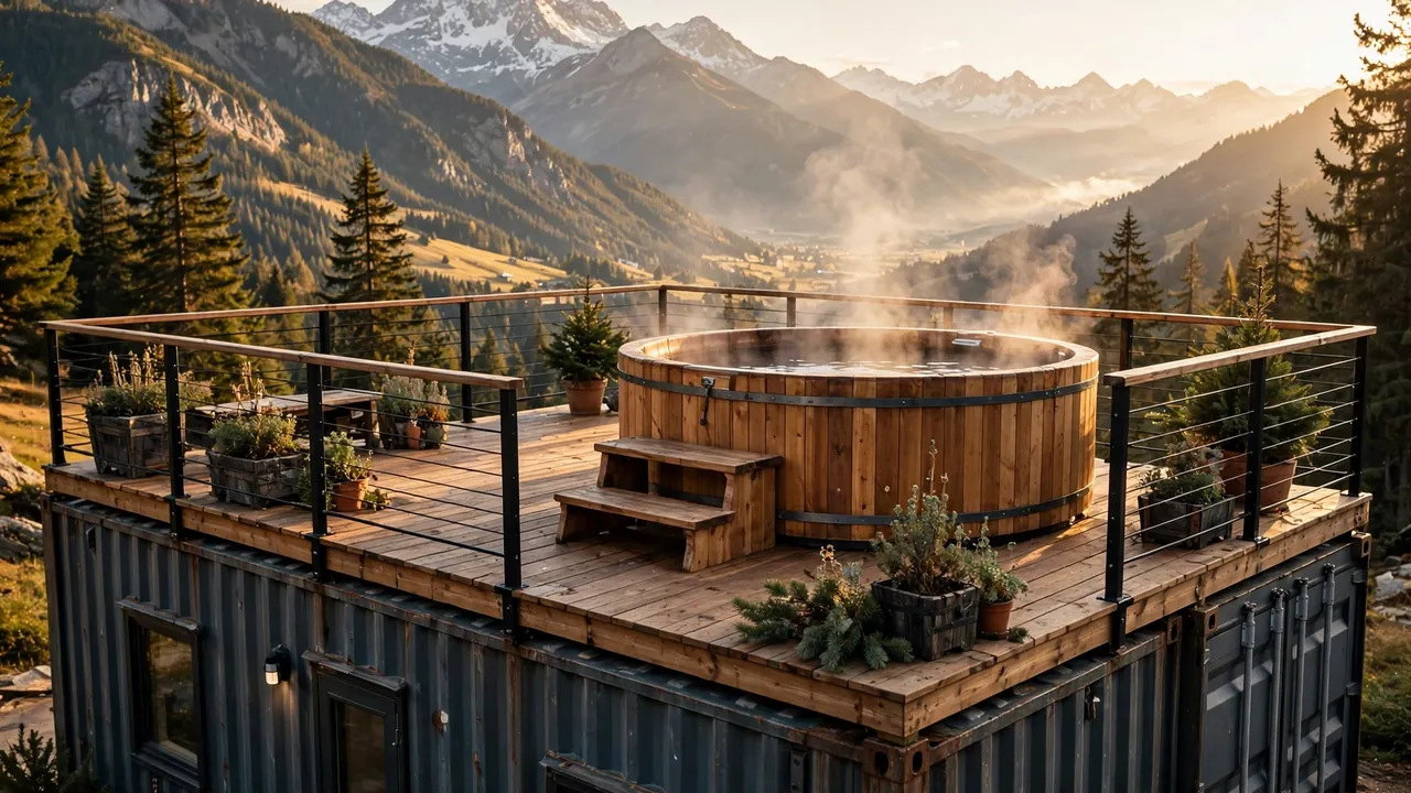 Cedar hot tub steaming on a rooftop deck of a container home with mountain views
