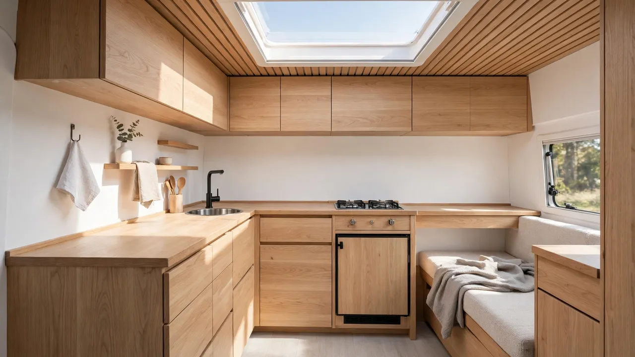 Bright scandinavian camper van kitchen in light oak with skylight