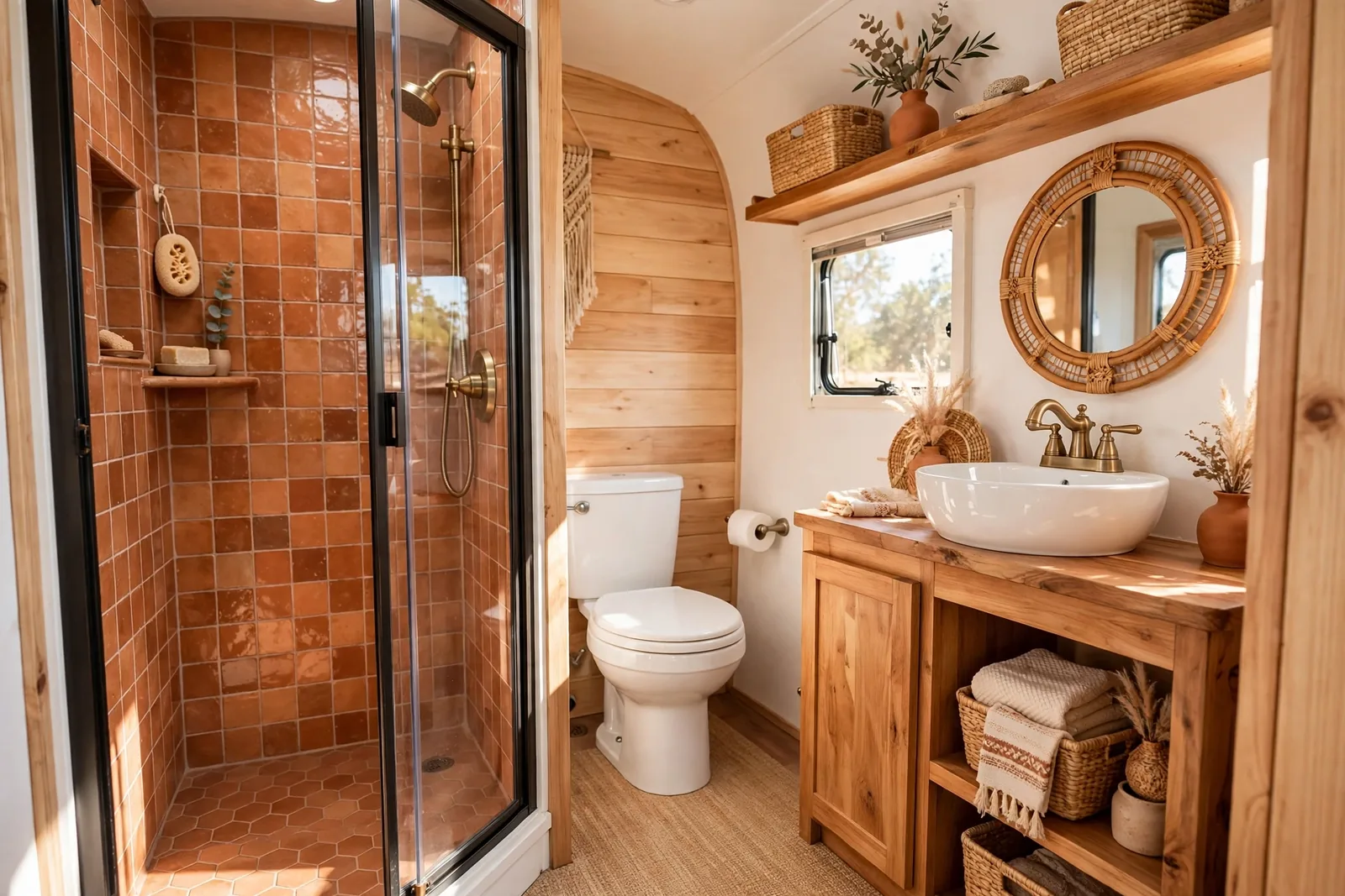 Boho terracotta RV bathroom with zellige-look tile, rattan mirror, wood vanity