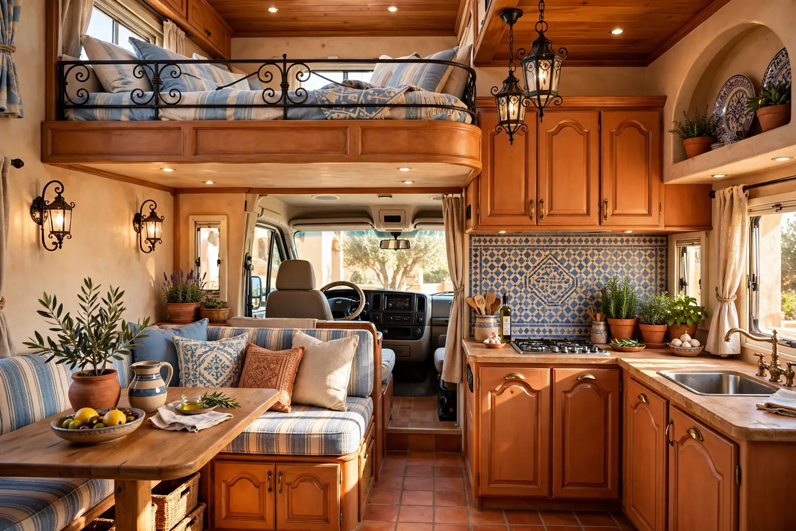 A Mediterranean renovated Class C motorhome interior with terracotta tones, arched cabinet details, a blue-and-cream mosaic tile backsplash, wrought-iron lantern lighting, and a striped cab-over bunk with a wrought-iron safety rail.