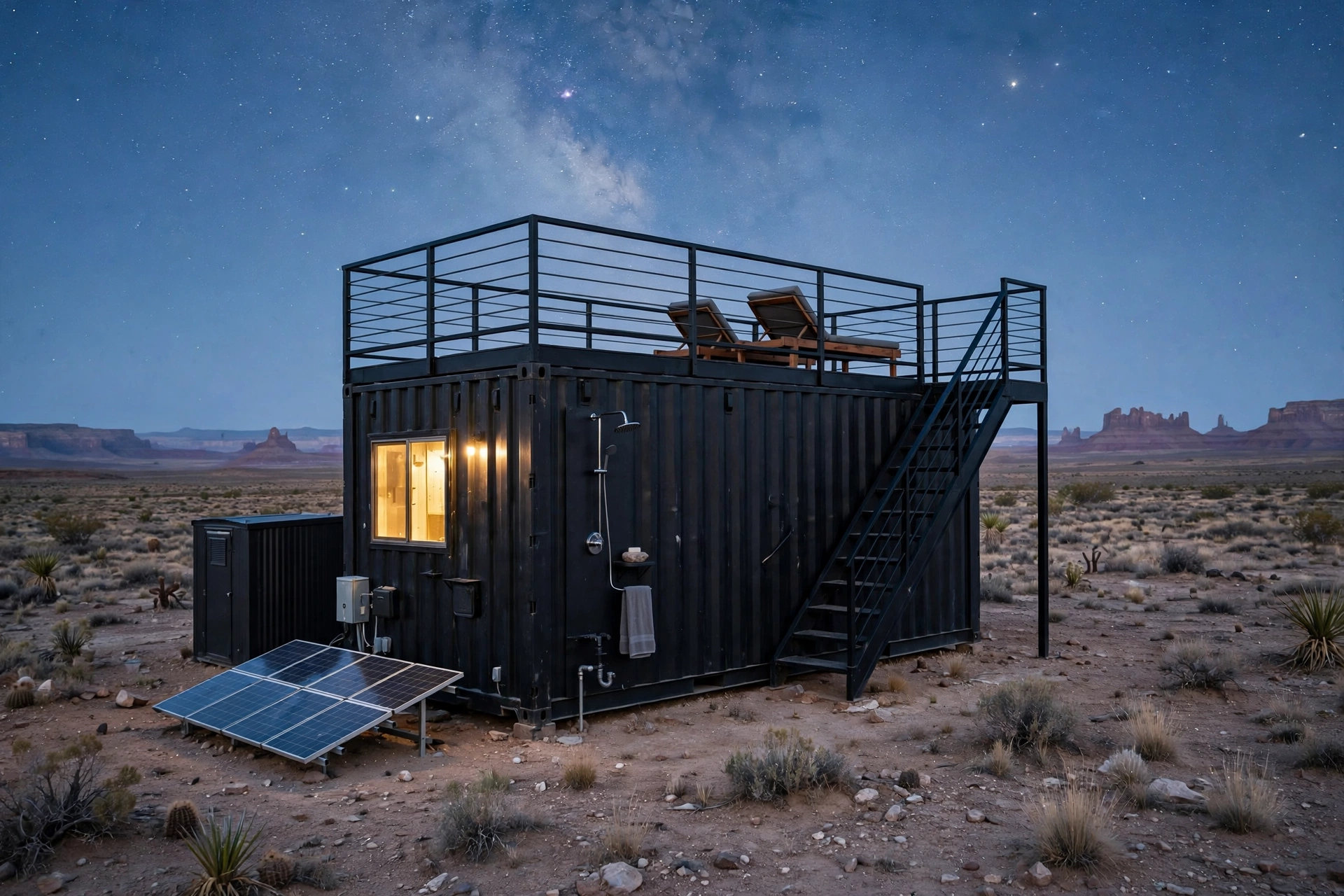 Off-grid matte black container cabin on high desert at dusk with a rooftop stargazing deck, exterior staircase, outdoor shower, and solar array