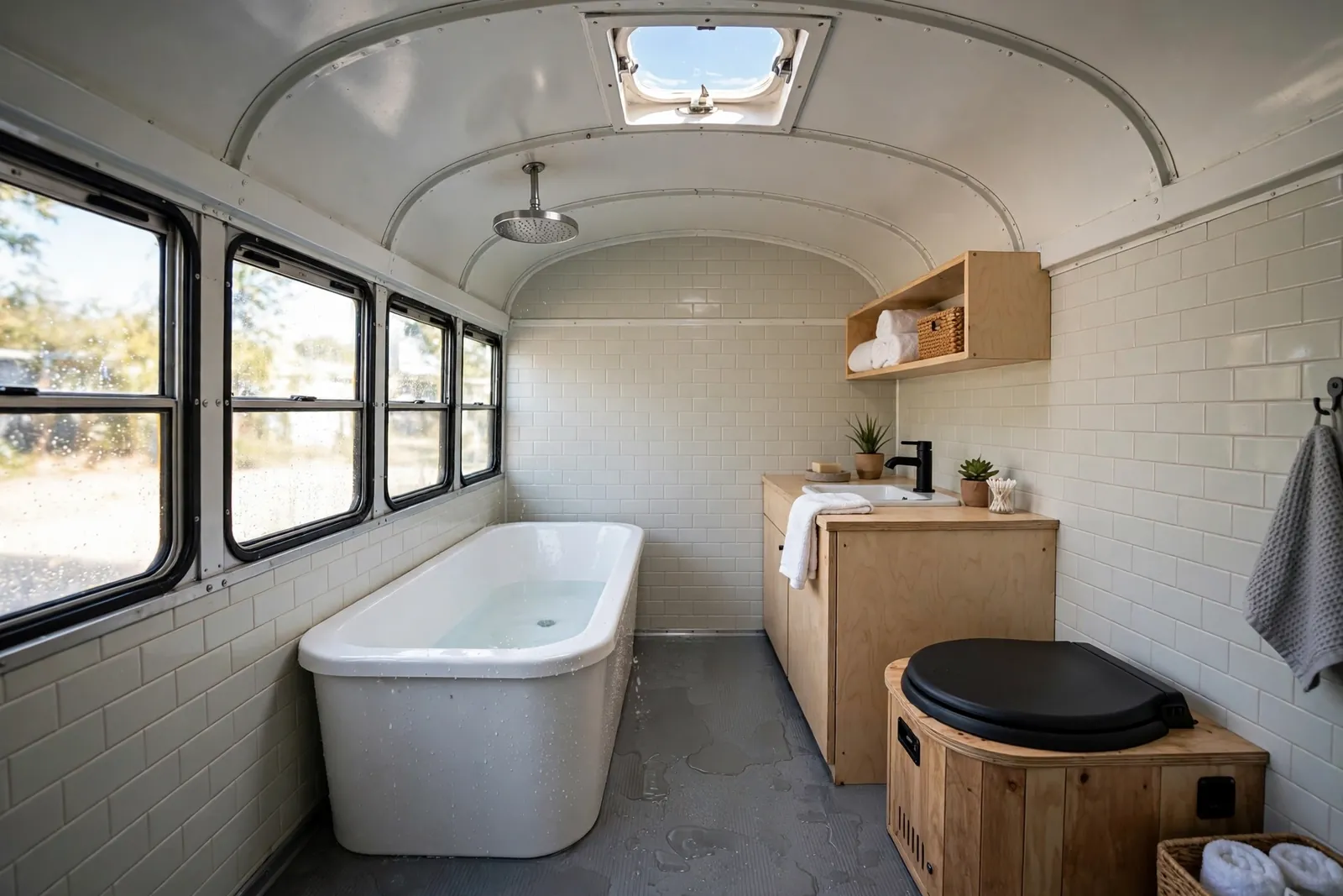 Wet bath with soaking tub in a skoolie bus conversion