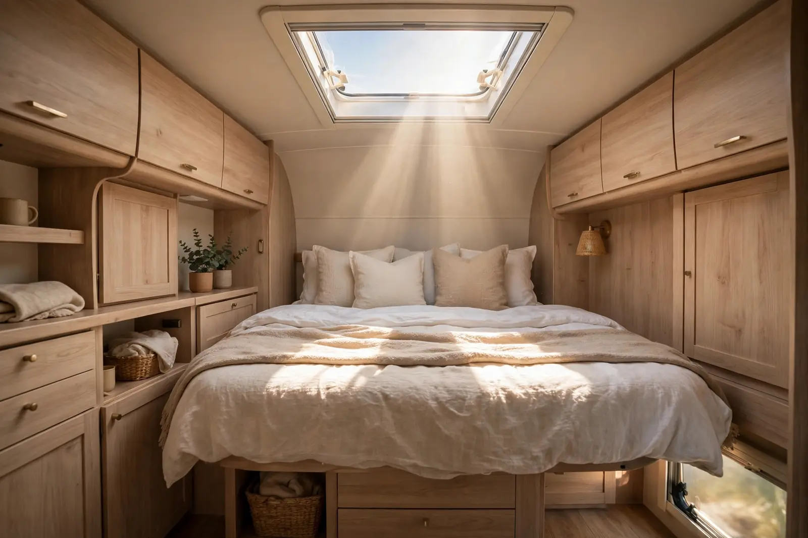 Photorealistic RV bedroom with a large skylight in the ceiling above the queen bed, sunlight streaming in