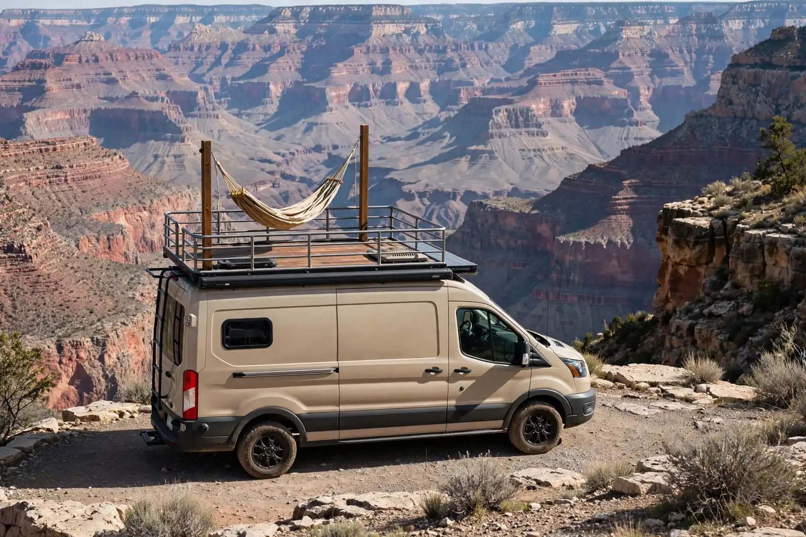 Sand-colored Ford Transit with a rooftop deck and hammock posts at a canyon overlook