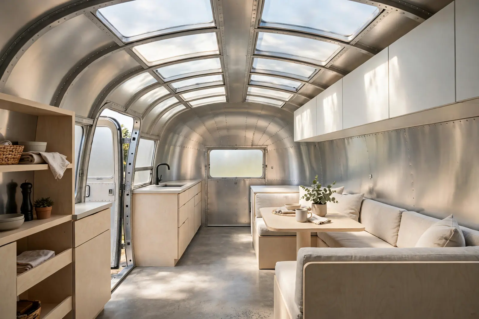 Renovated vintage Airstream interior with frosted skylight panels running along the curved roof