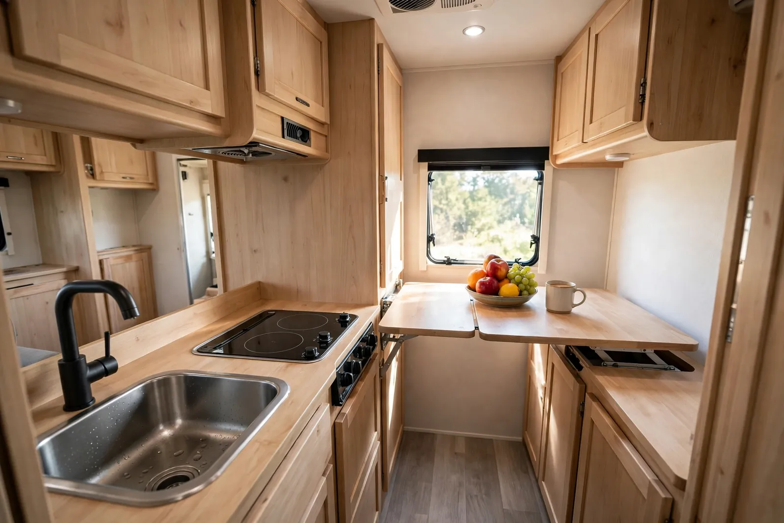 RV galley kitchen with a wooden fold-down counter extension flipped up holding fruit and a mug