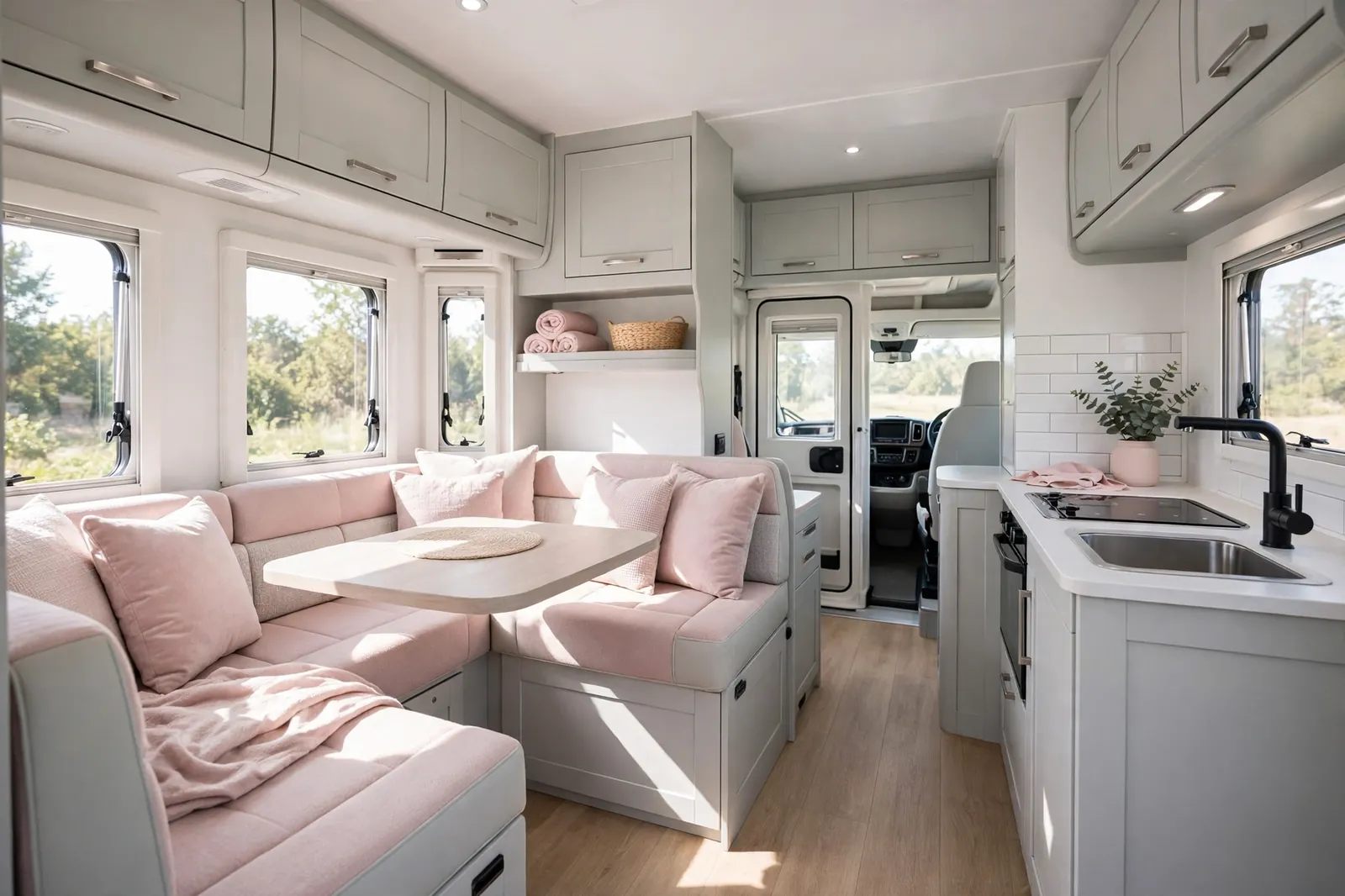 Blush pink and pale grey motorhome interior