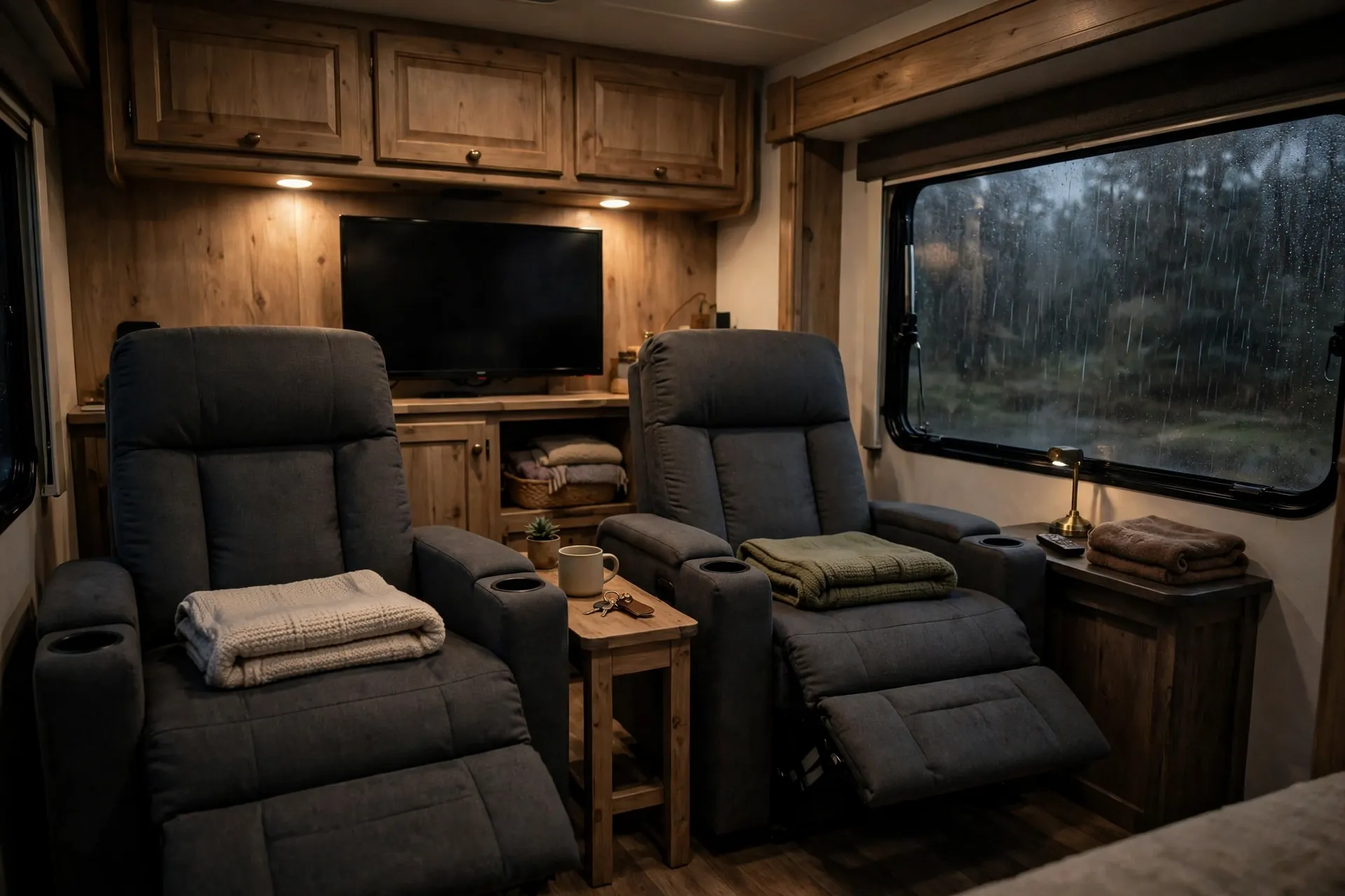 Cozy RV living room with a pair of compact recliner theater seats facing a television
