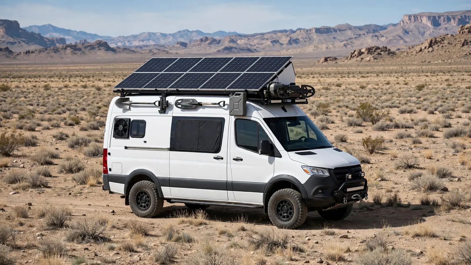 White solar camper van with large roof solar array in an open high desert plain