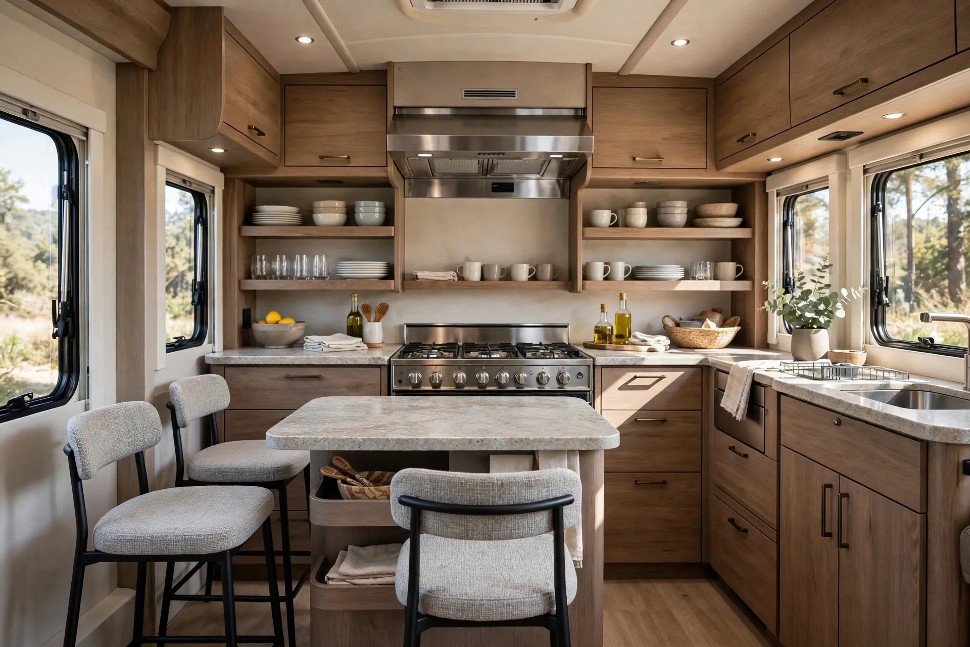 Luxury motorhome chef's island kitchen with stone top and bar stools