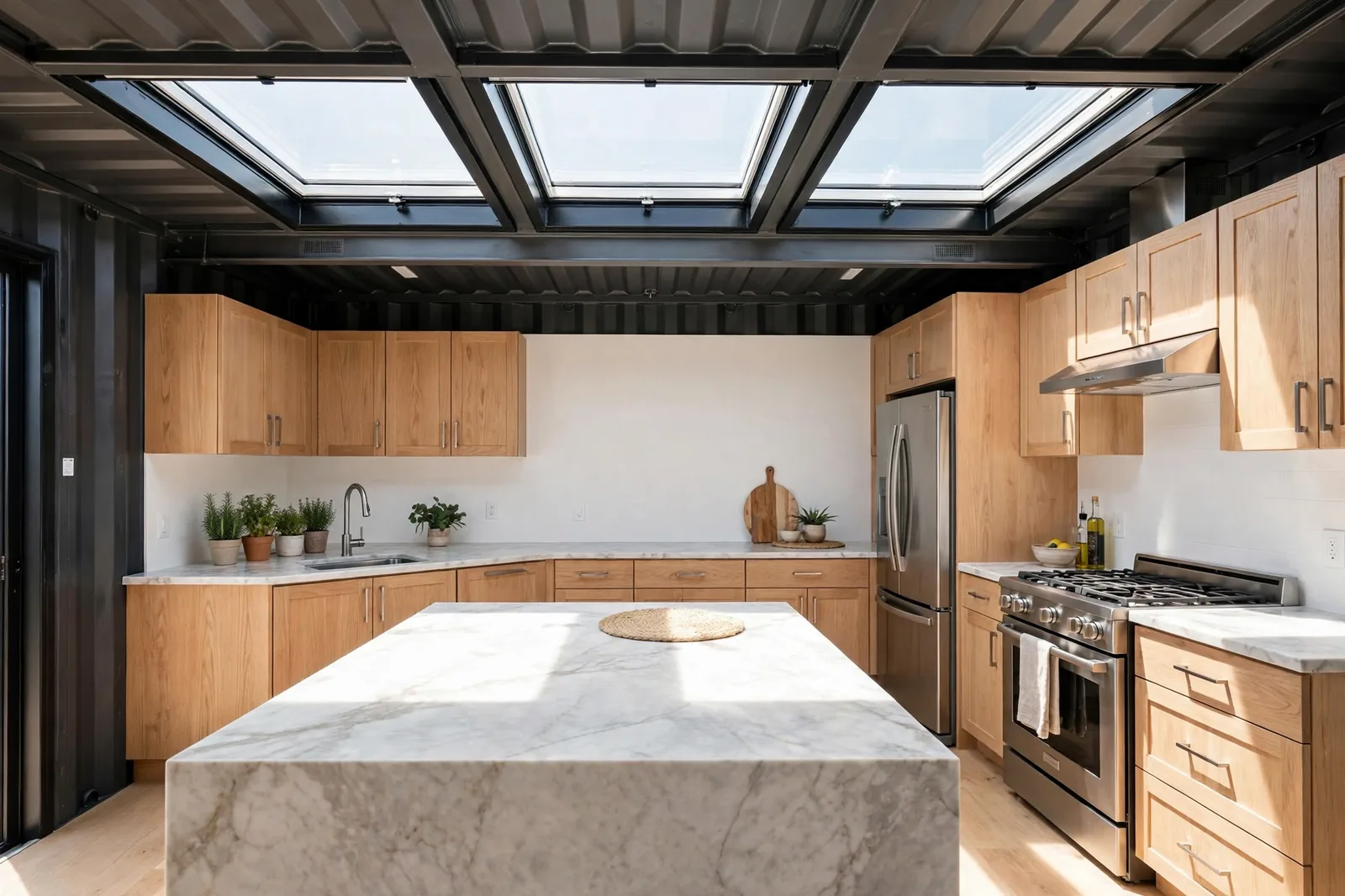 Three large skylights in a container home roof streaming daylight onto a marble kitchen island