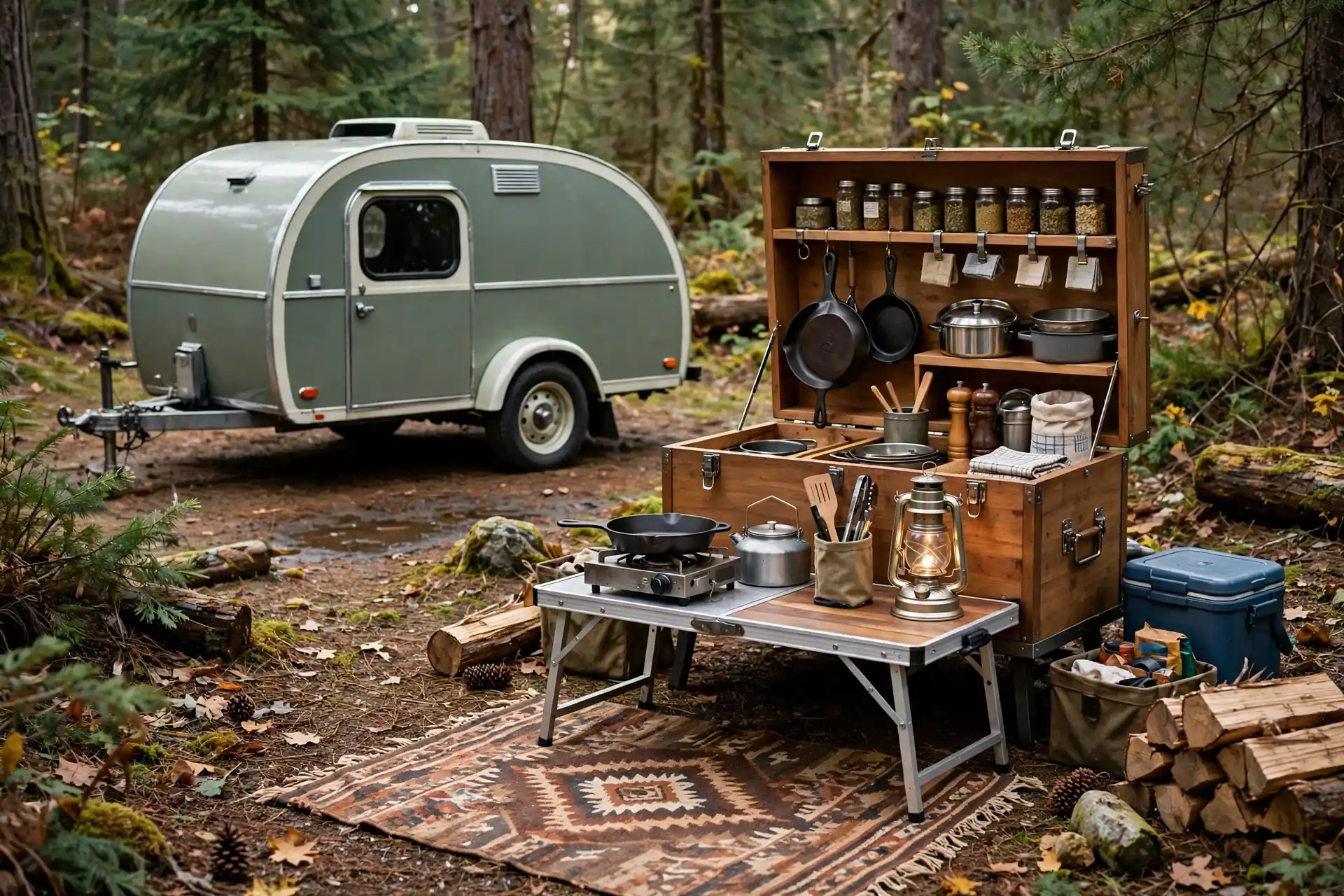 Wooden chuck box camp kitchen opened beside a teardrop trailer at a wooded campsite