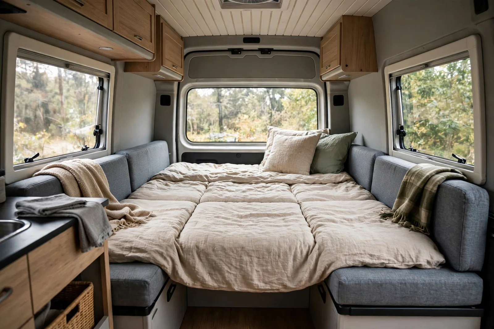 Rear U-shaped lounge in a camper van converted into a large flat bed with joined grey cushions, natural linen bedding, pillows and throws, with windows on three sides