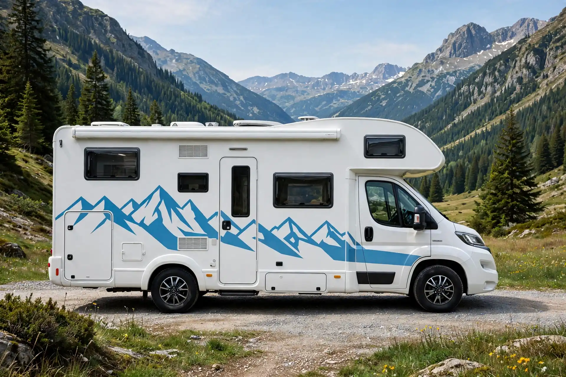 Alpine white and sky blue mountain motorhome exterior, full side view