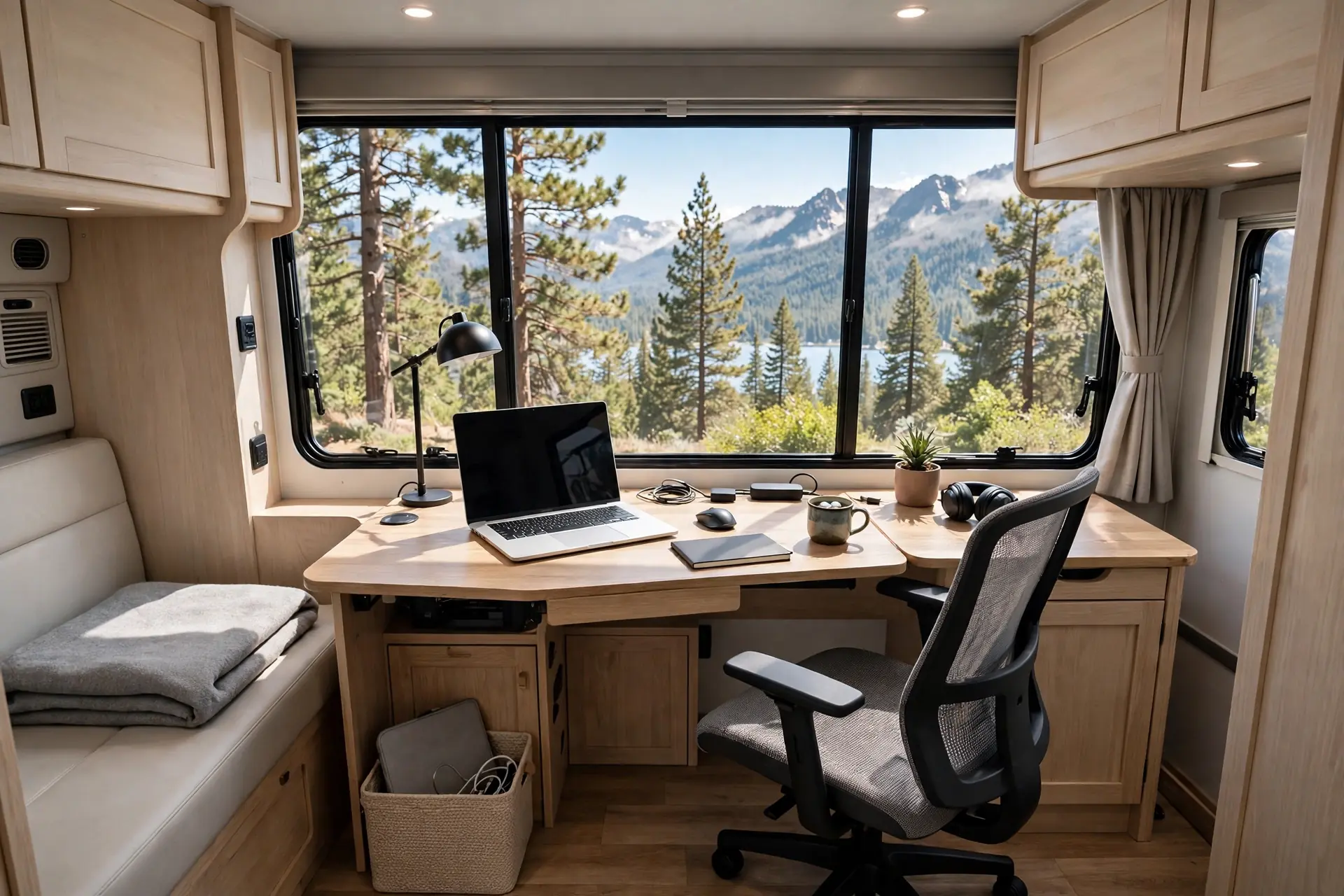Light-wood RV desk facing a large panoramic window overlooking pine trees, mountains and a lake, with a laptop and ergonomic chair
