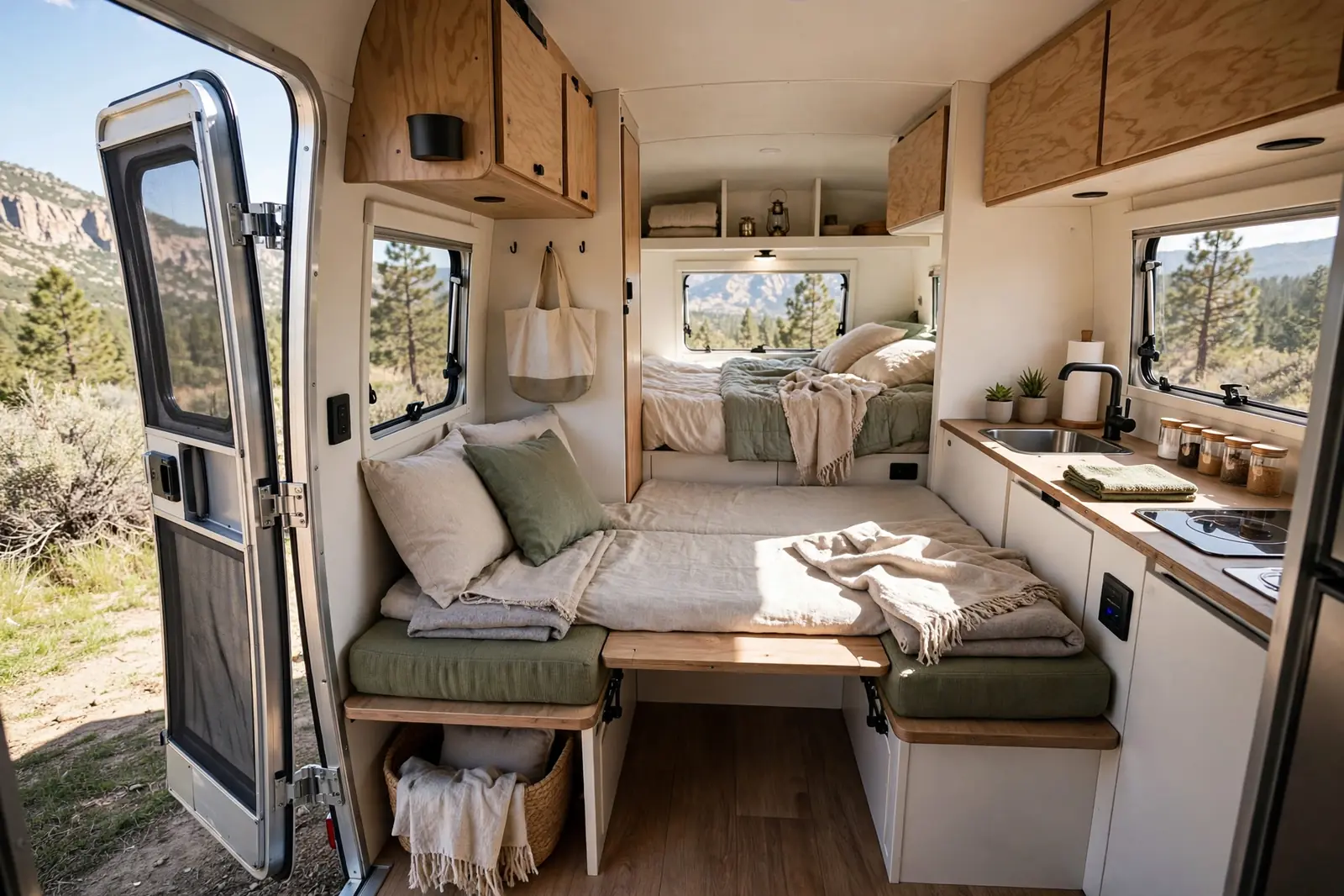 Bright interior of a tiny camper trailer with a dinette converted into a bed, bench seating, and a small kitchenette