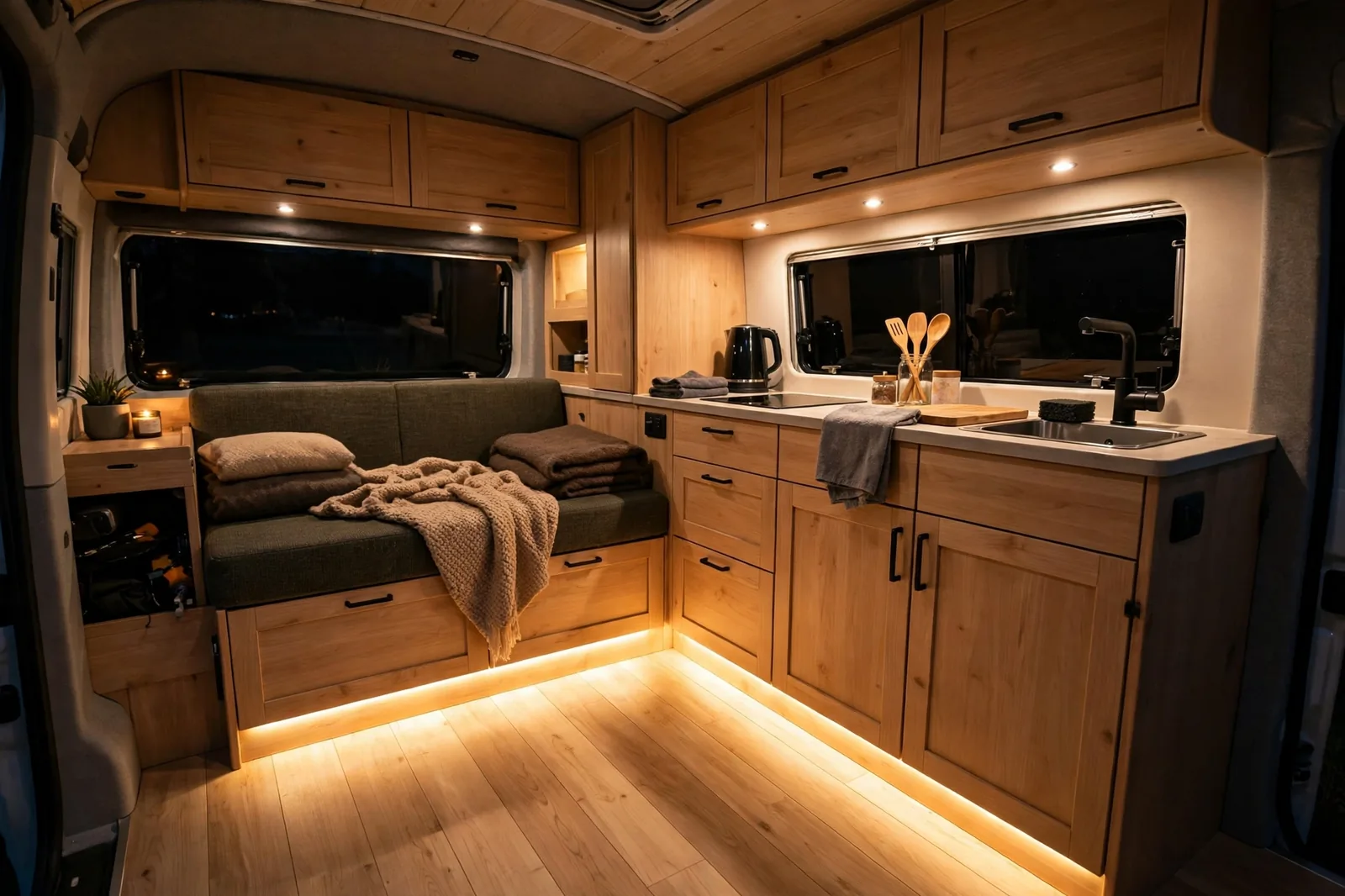 Camper van interior at night with warm LED strip lights glowing along the toe-kick at the base of kitchen cabinets, washing soft light across the wooden floor