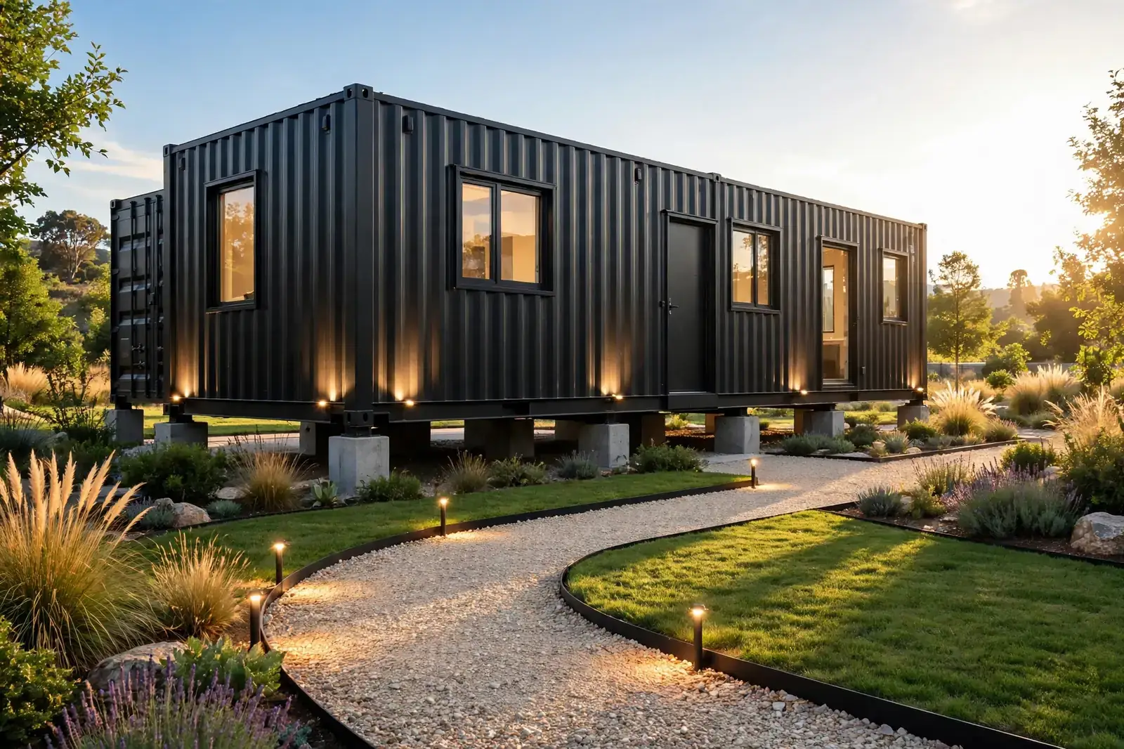 Black container home at golden hour with warm uplights washing the steel walls and a lit gravel path