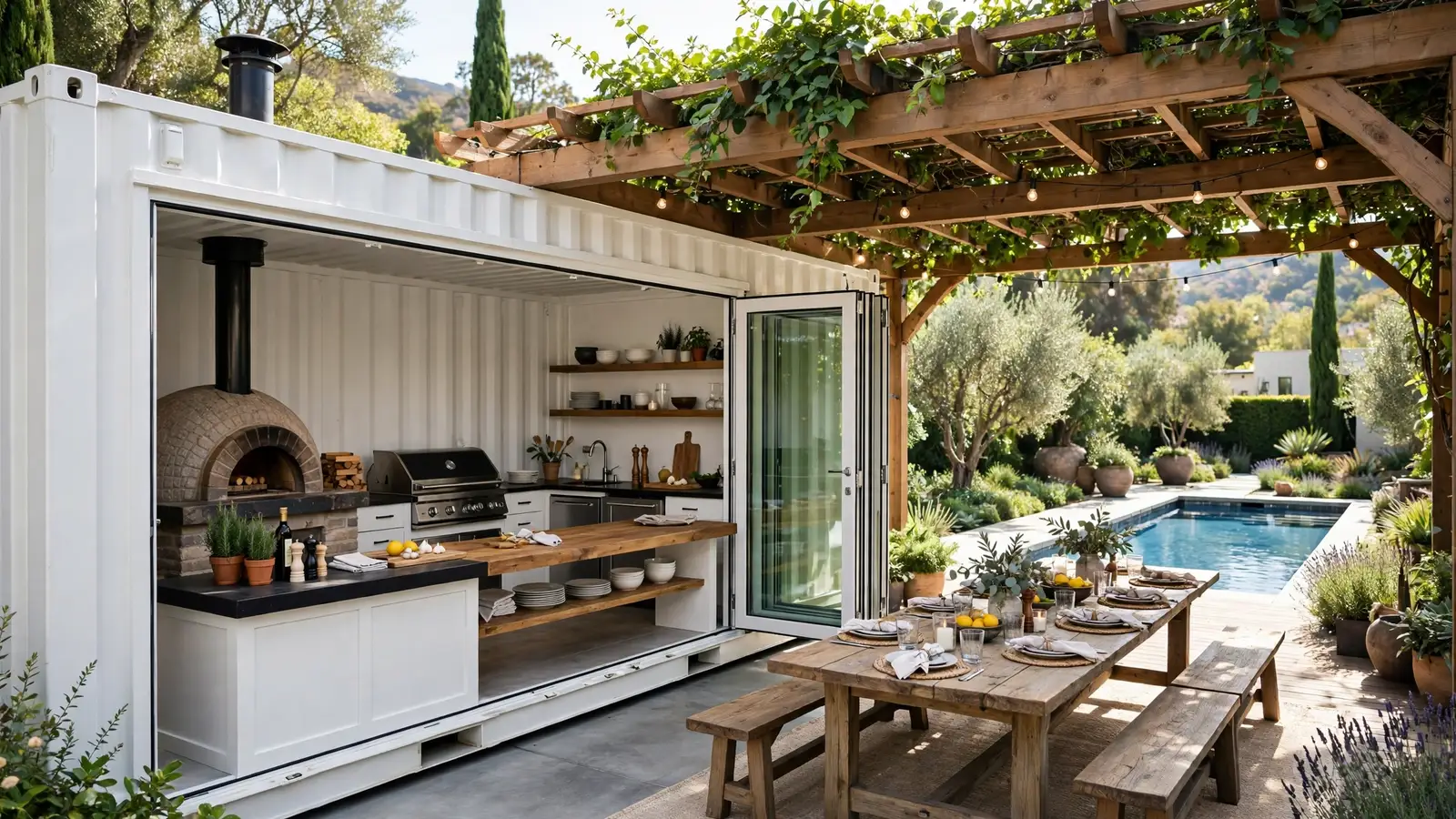 A white container kitchen with folding glass walls and a pergola dining deck by a lap pool