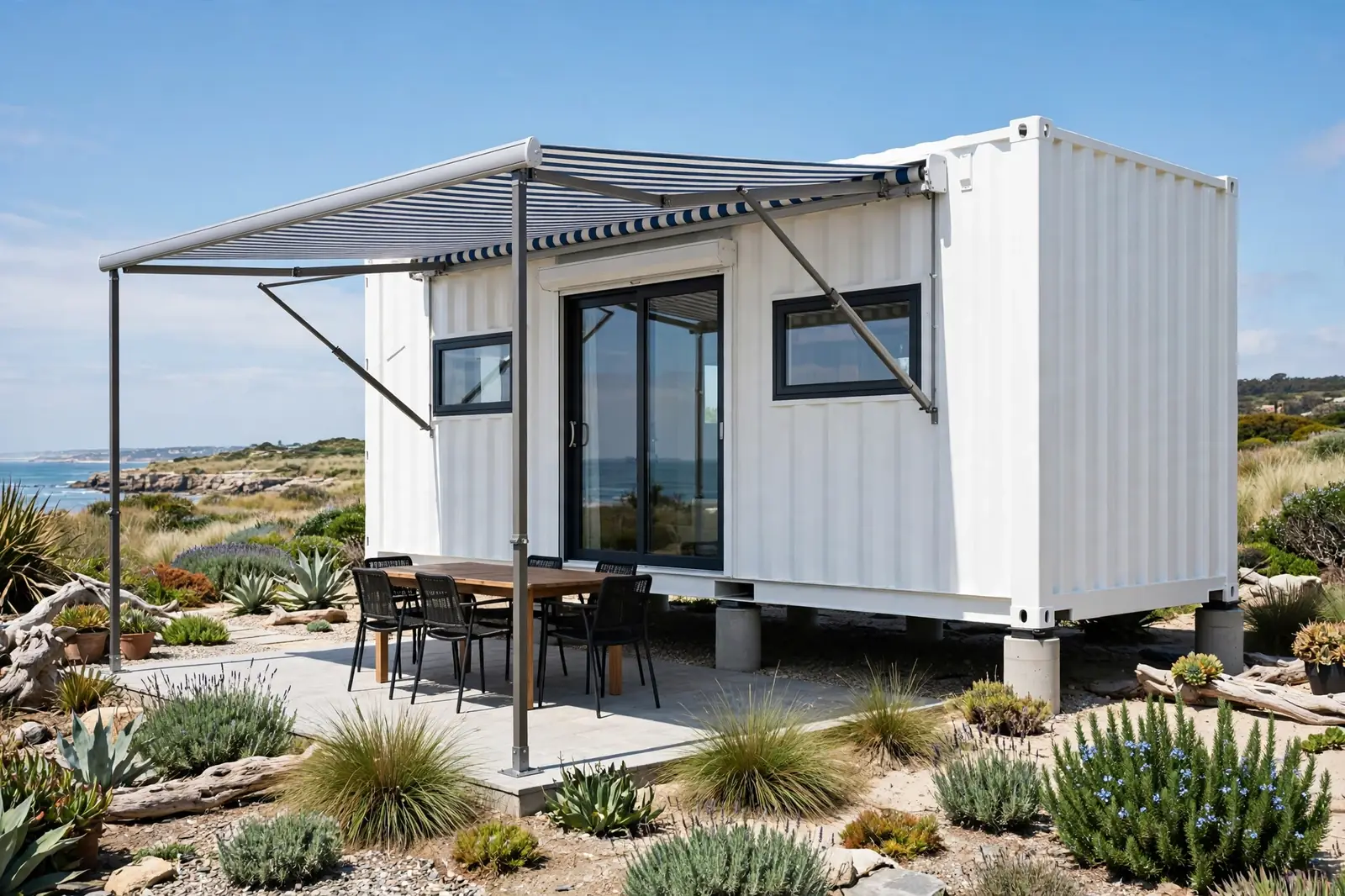 White container home on concrete piers with a wide blue-and-white striped retractable fabric awning extended over a paved patio with a dining table near the coast.